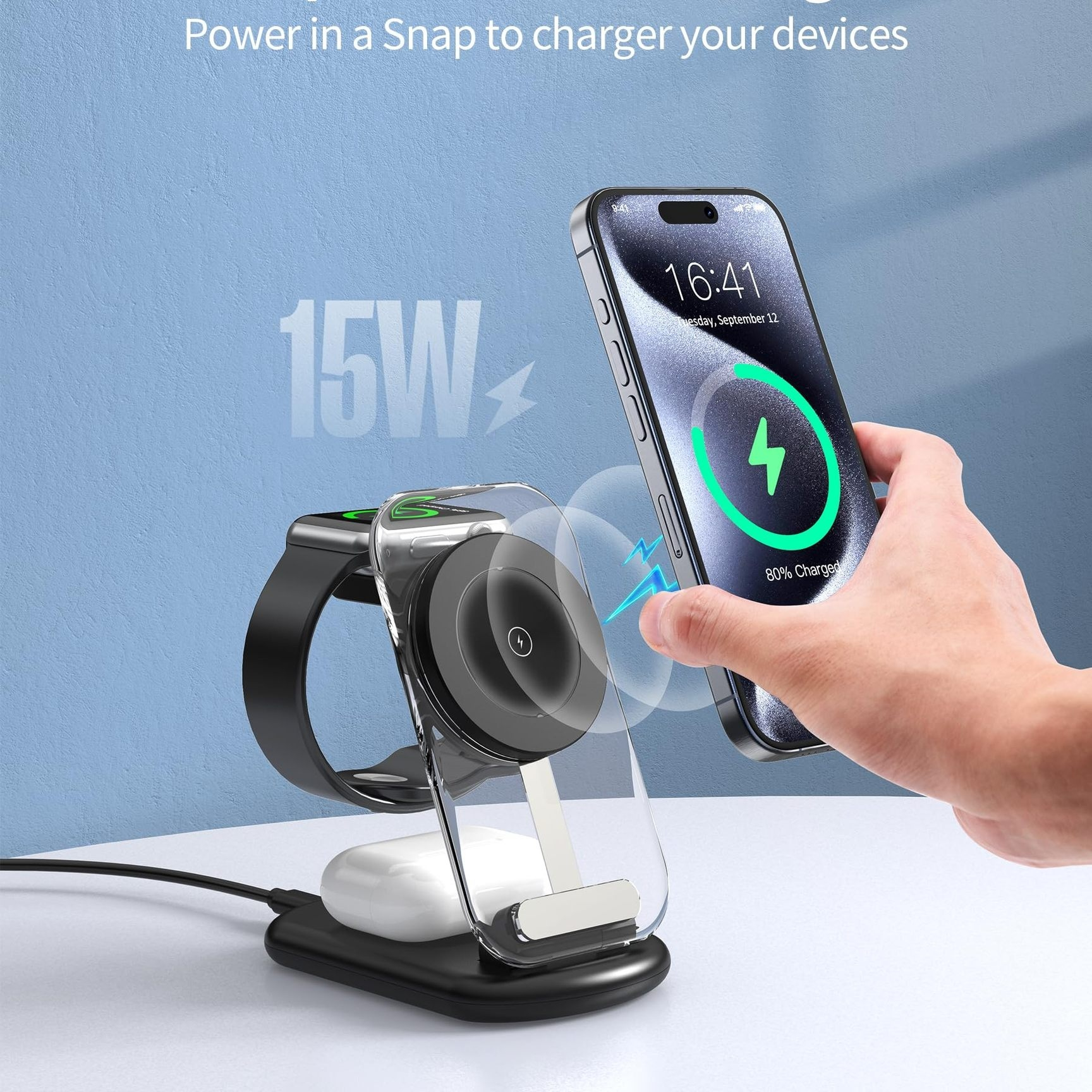 Transparent 3-in-1 Magnetic Wireless Charger | Foldable Fast Charging Stand