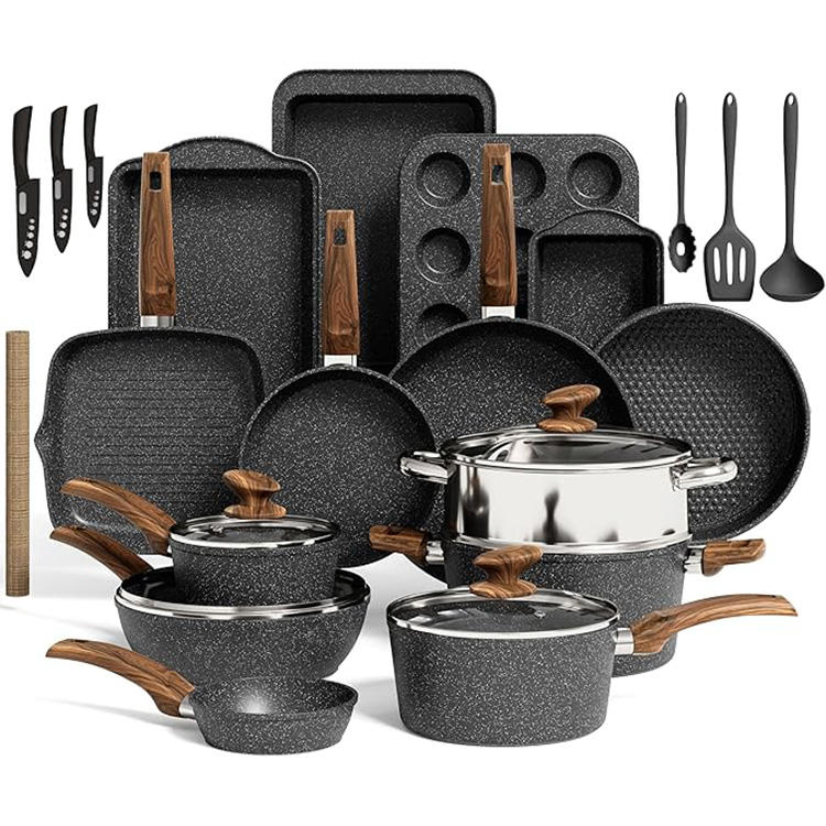 Geling 30PCS Granite Nonstick Cookware Set | Modern Black Aluminum Pots & Pans