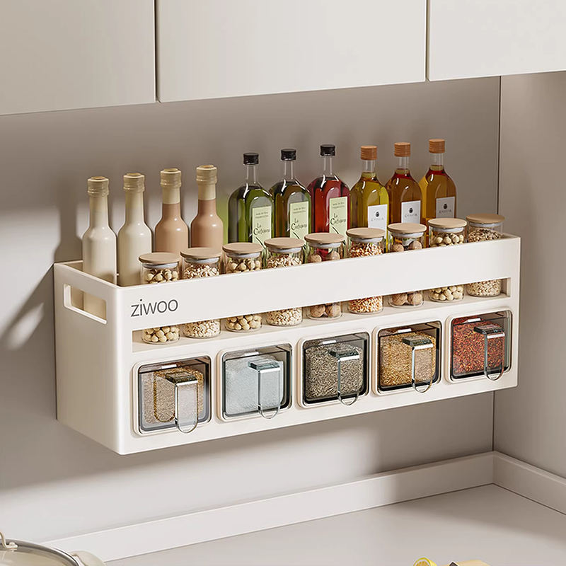 Wall-Mounted Kitchen Spice Rack Organizer – No Drilling Seasoning Jar Storage Box