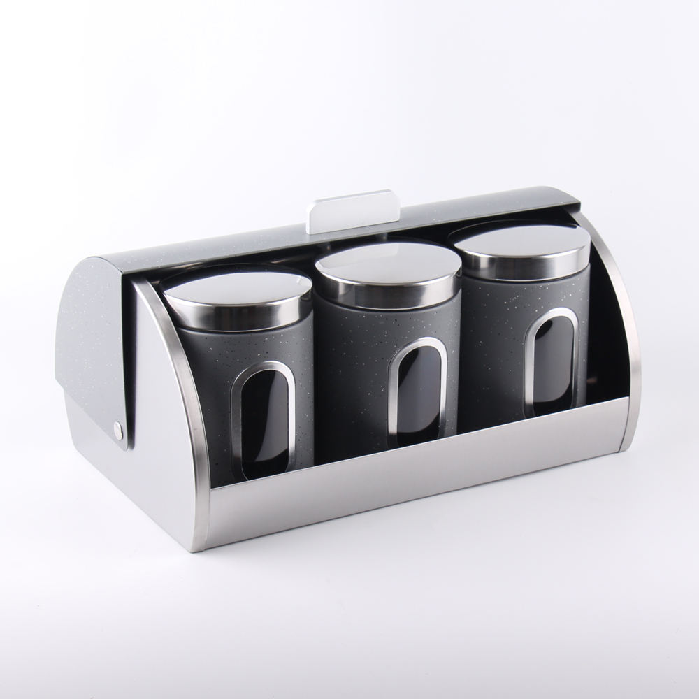 Metal Bread Box – Roll Top Kitchen Counter Organizer with 3-Piece Canister Set