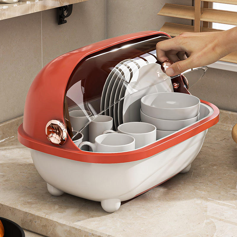 Kitchen Storage Rack for Small Spaces – Dust-Proof Dish Organizer with Drain Basket & Lid