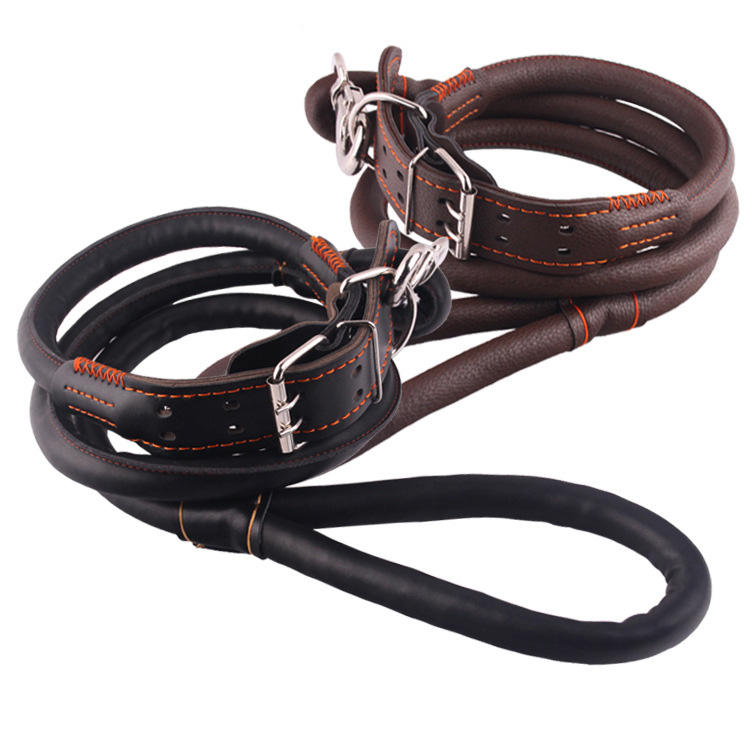 Soft Genuine Leather Pet Rope Dog Leash Collar – Vegan Leather Option – Small & Large Dog Leash Lead and Collar for Safety