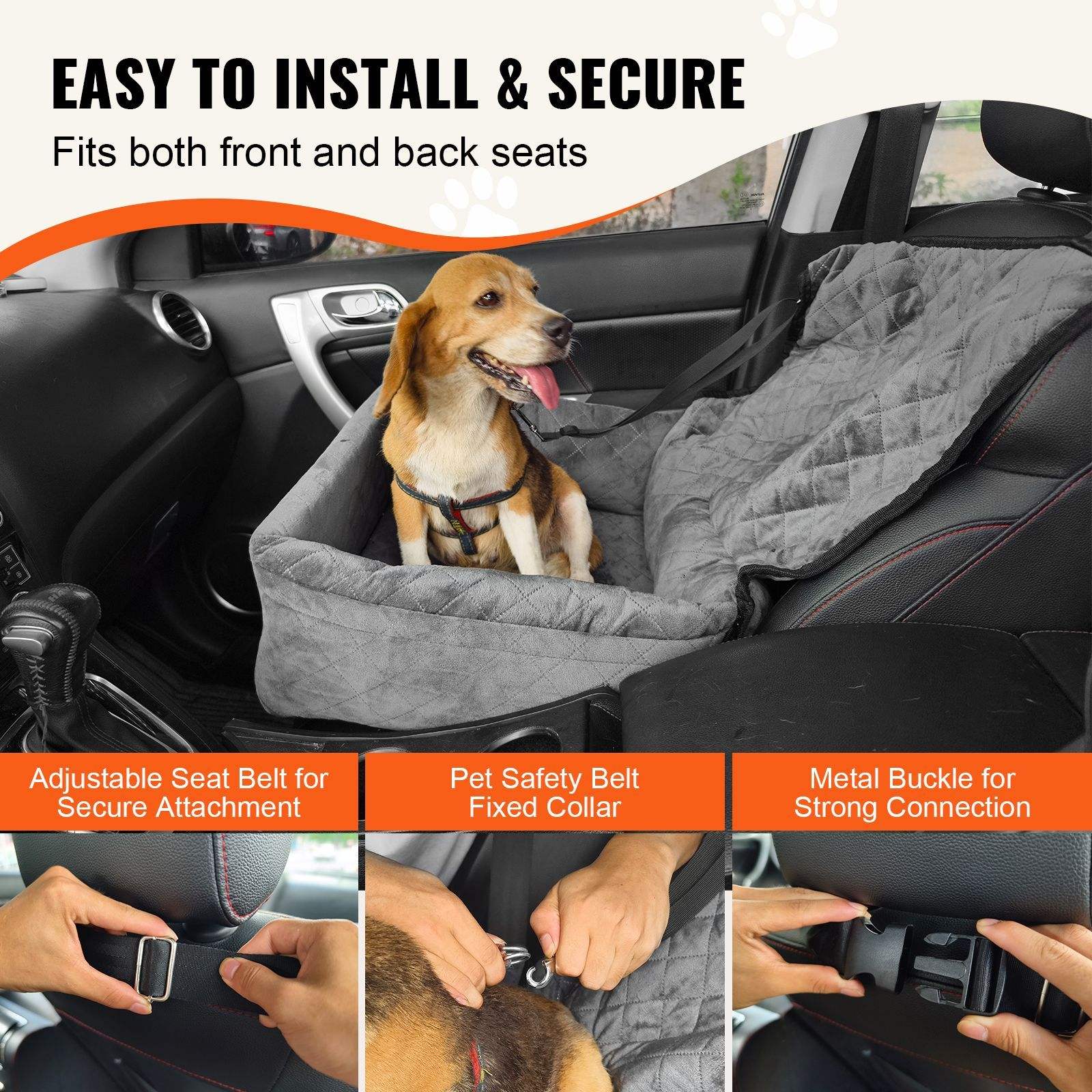 Dog Car Seat Booster with Storage Pocket – Clip-On Safety Leash – Sponge PP Cotton Filled Bed – Convenient Pet Backseat Cover - Image 2