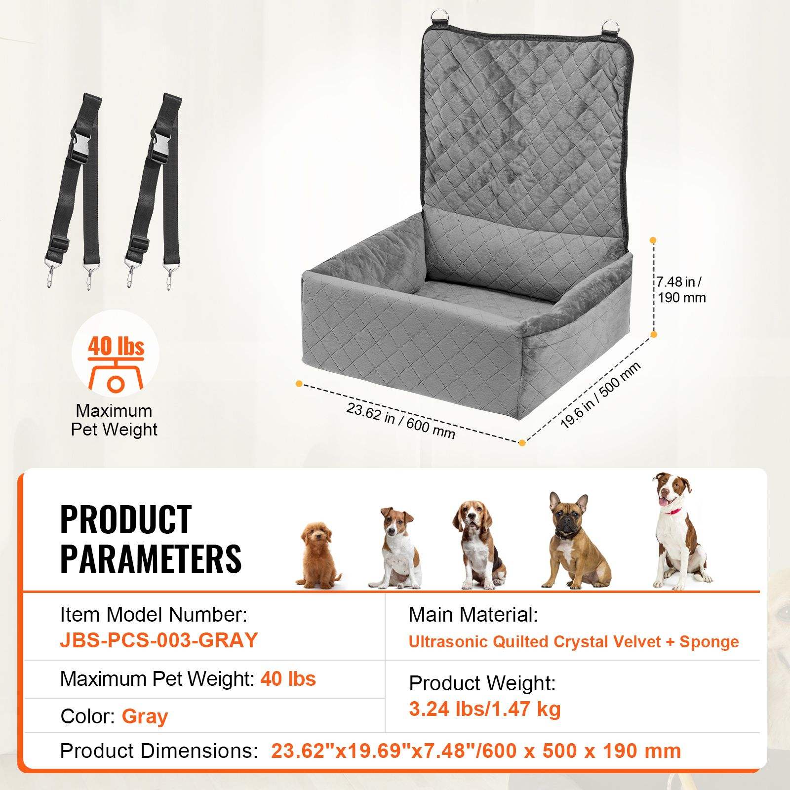 Dog Car Seat Booster with Storage Pocket – Clip-On Safety Leash – Sponge PP Cotton Filled Bed – Convenient Pet Backseat Cover - Image 4