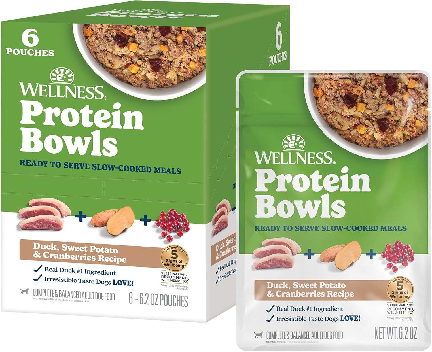 Wellness Protein Bowls, Adult Wet Dog Food, Wholesome Grains, 6.2 Ounce Pouch, 6 Pack (Duck, Sweet Potato & Cranberries Recipe)