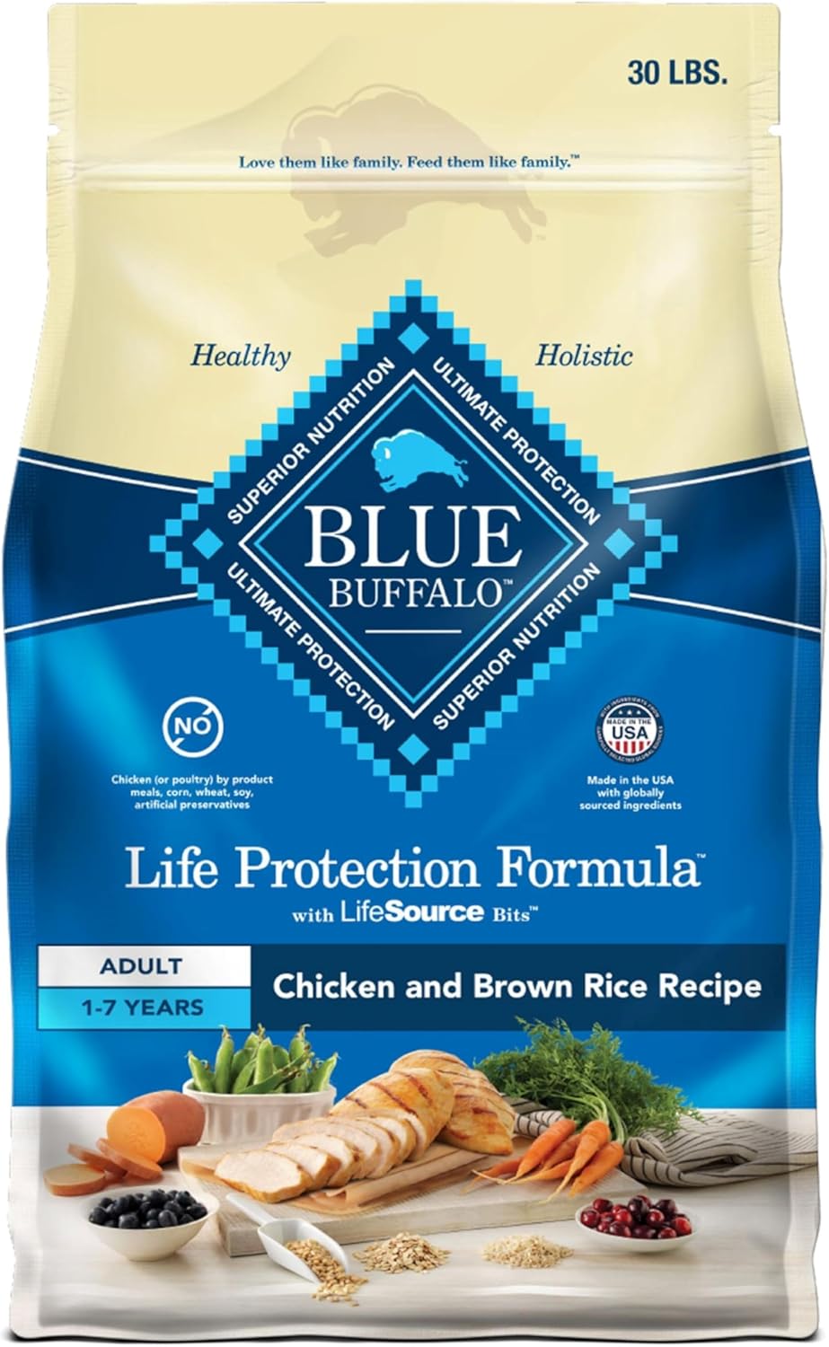 Blue Buffalo Life Protection Formula Adult Dry Dog Food – Helps Build and Maintain Strong Muscles – Made with Natural Ingredients – Chicken & Brown Rice Recipe – 30-lb. Bag
