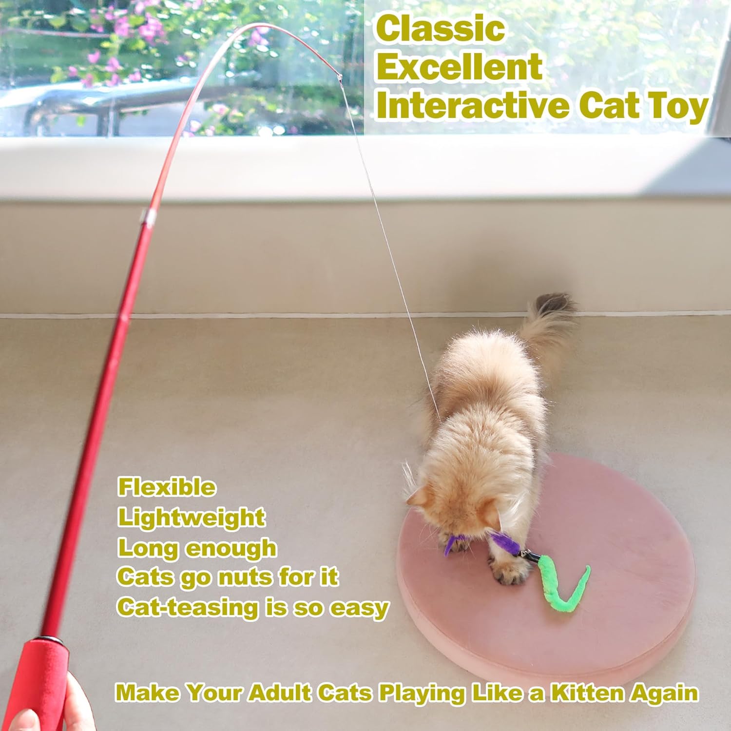 Cat Toys for Indoor Cats – Interactive Retractable Wand Toy with 9 Feather Refills – Fishing Pole Toy for Bored Cats - Image 2