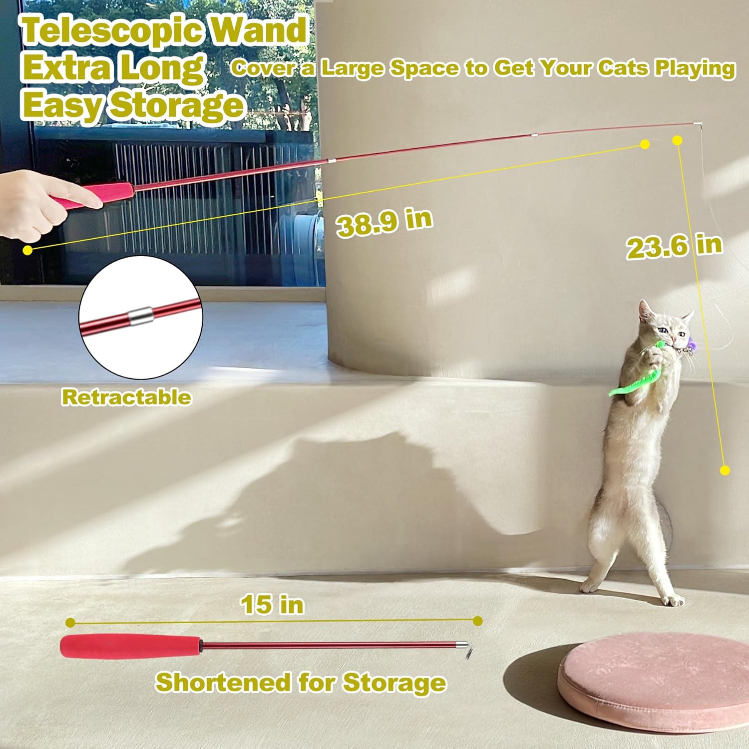 Cat Toys for Indoor Cats – Interactive Retractable Wand Toy with 9 Feather Refills – Fishing Pole Toy for Bored Cats - Image 3