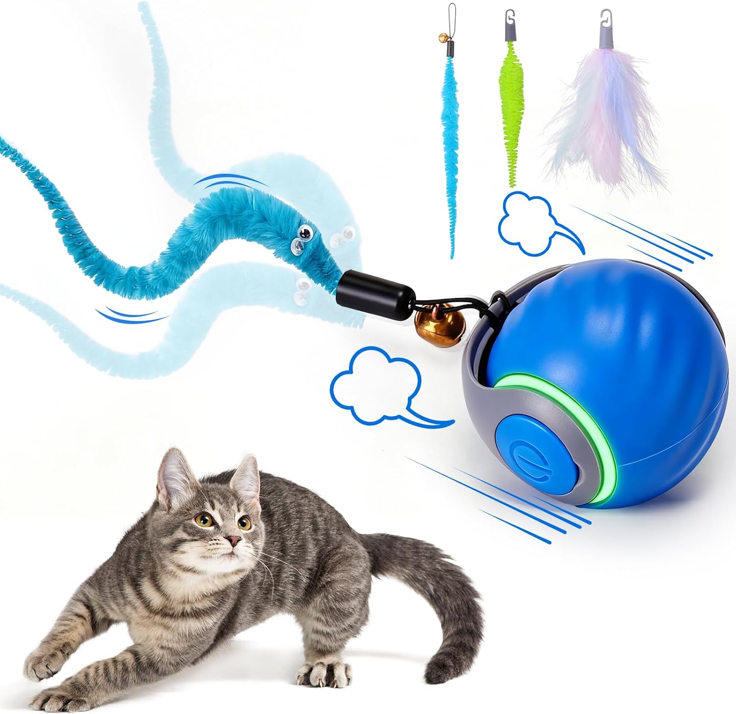 Interactive Cat Toy Ball – Automatic with 3 Tails & 2 Speeds – Rechargeable Enrichment Toy for Indoor Cats – Blue