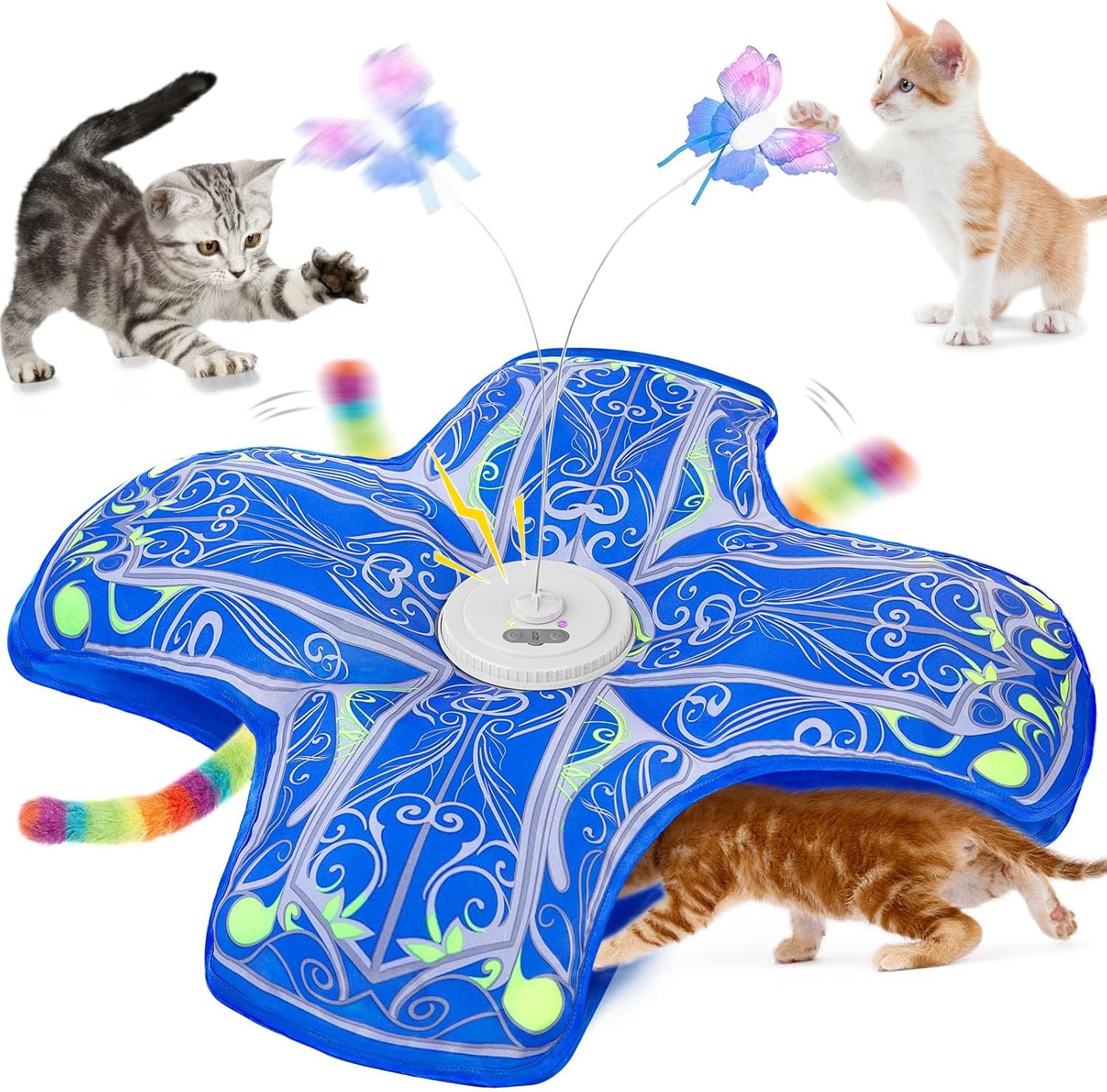Interactive Cat Toys for Indoor Cats – Newly Upgraded Rechargeable Touch-Activated Hide & Seek Kitten Toy with Fluttering – Blue