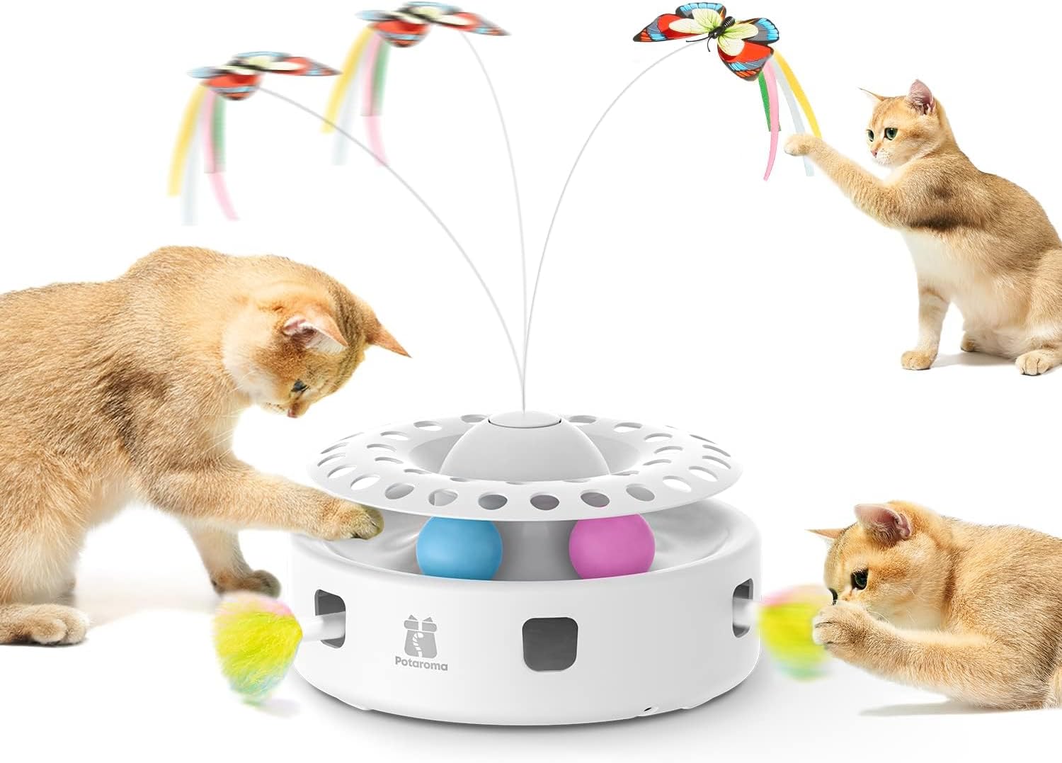Cat Toys 3-in-1 Automatic Interactive Kitten Toy – Fluttering Butterfly, Moving Feather, Track Balls – Dual Power Supplies – USB Powered – Bright White