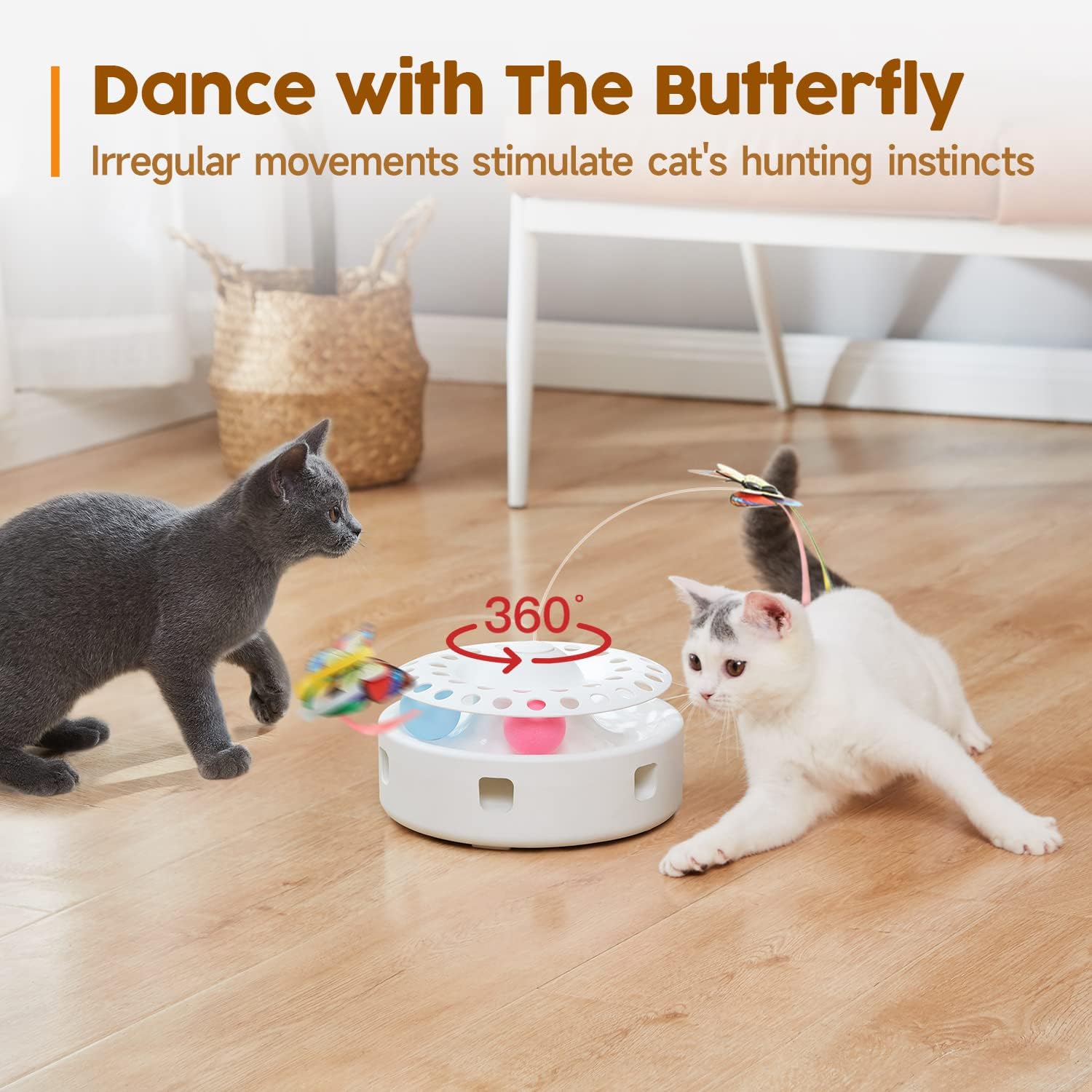 Cat Toys 3-in-1 Automatic Interactive Kitten Toy – Fluttering Butterfly, Moving Feather, Track Balls – Dual Power Supplies – USB Powered – Bright White - Image 3