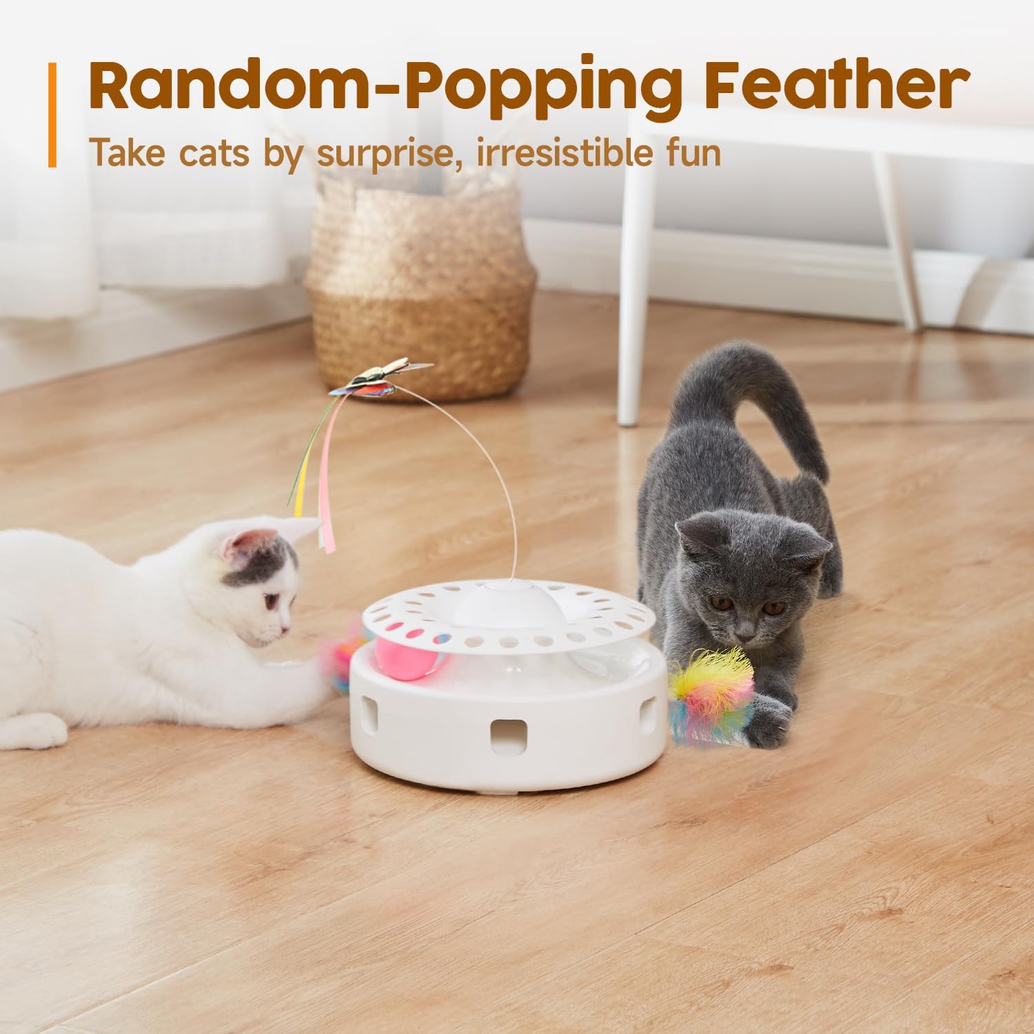 Cat Toys 3-in-1 Automatic Interactive Kitten Toy – Fluttering Butterfly, Moving Feather, Track Balls – Dual Power Supplies – USB Powered – Bright White - Image 4