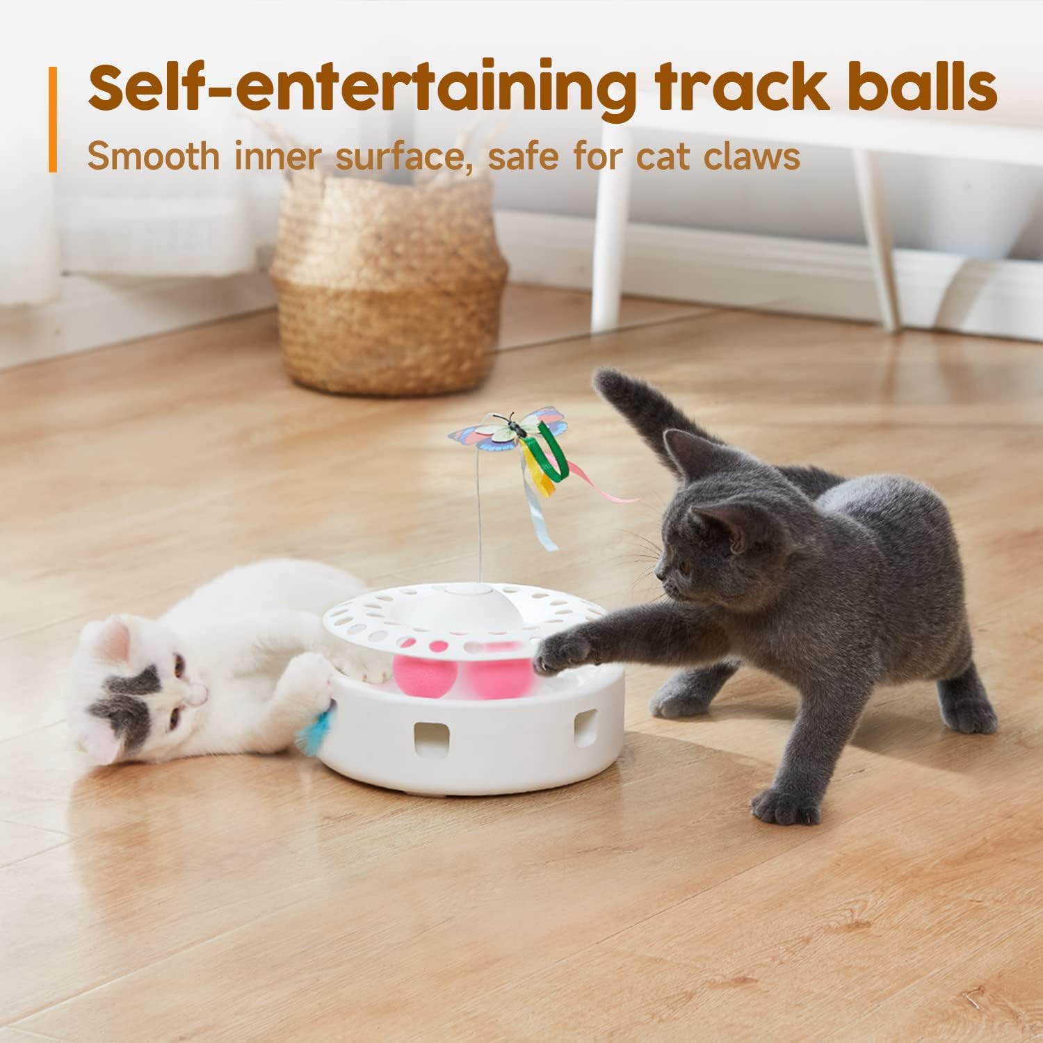 Cat Toys 3-in-1 Automatic Interactive Kitten Toy – Fluttering Butterfly, Moving Feather, Track Balls – Dual Power Supplies – USB Powered – Bright White - Image 5