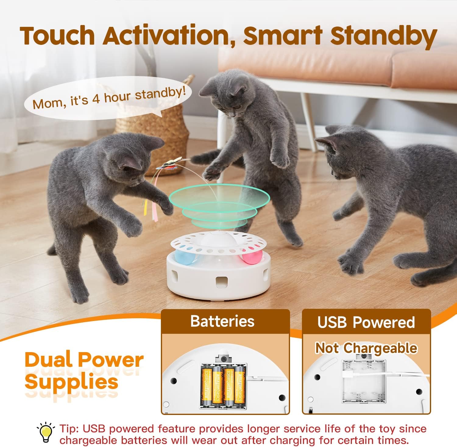 Cat Toys 3-in-1 Automatic Interactive Kitten Toy – Fluttering Butterfly, Moving Feather, Track Balls – Dual Power Supplies – USB Powered – Bright White - Image 6