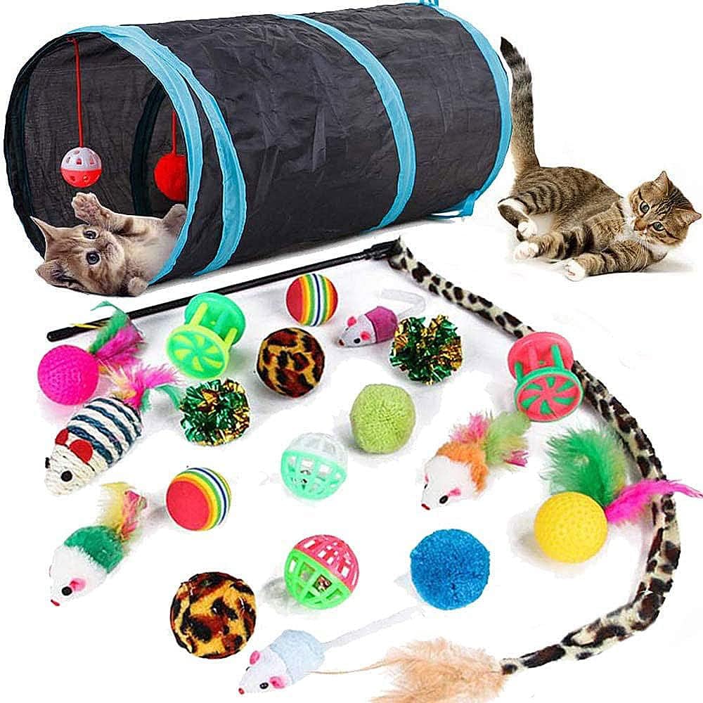 21 Pcs Cat Toys for Indoor Cats – Collapsible Cat Tunnel, Interactive Feather Teaser Wand & Ball Toy for Kittens & Cats