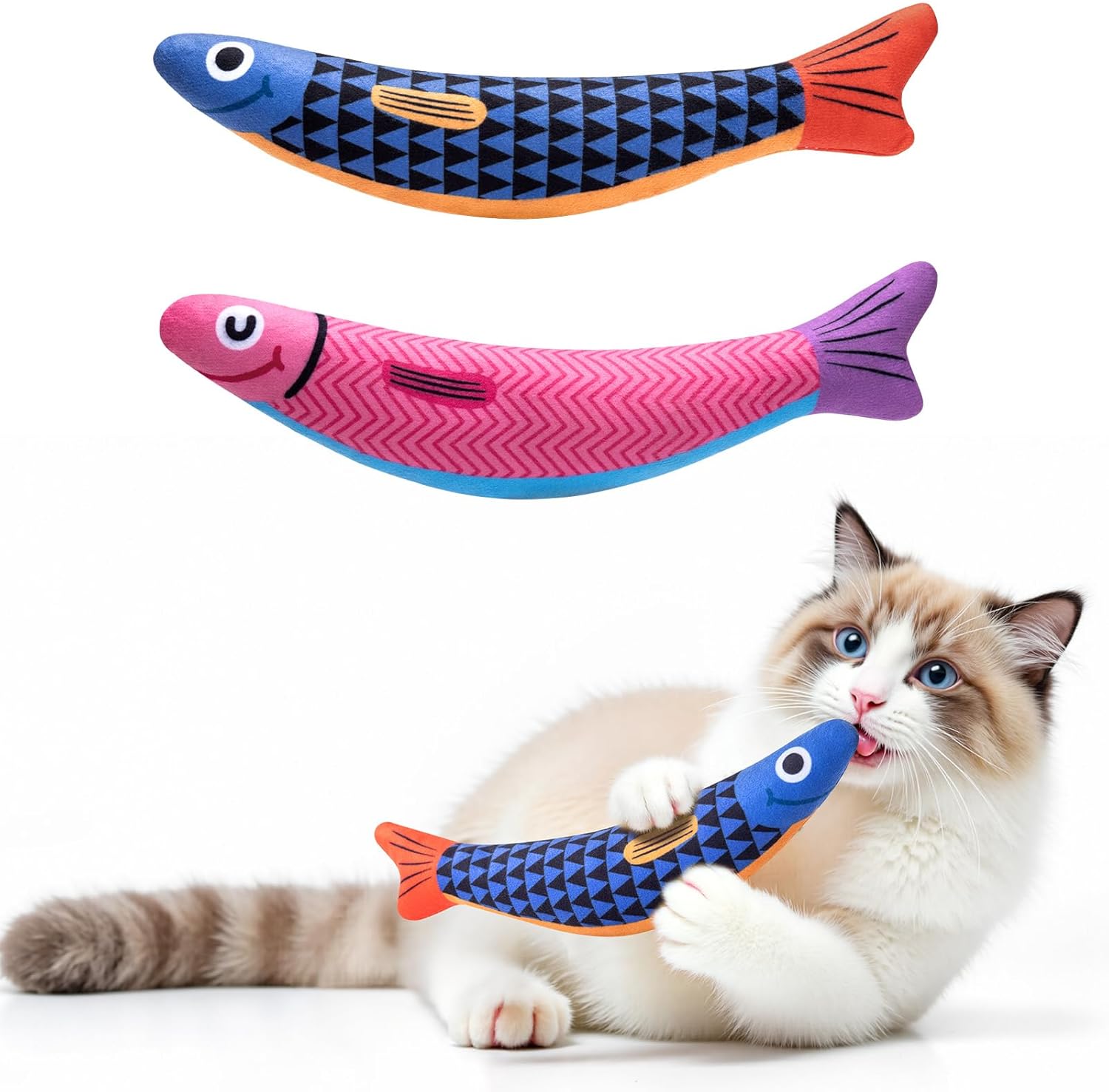 Cat Toys with 5000mg A+ Natural Catnip & Silvervine – Baby Grade Interactive Soft Chew Kicker Toy for Indoor Cats & Kittens – Crinkle & Bell Fish Sound Toy