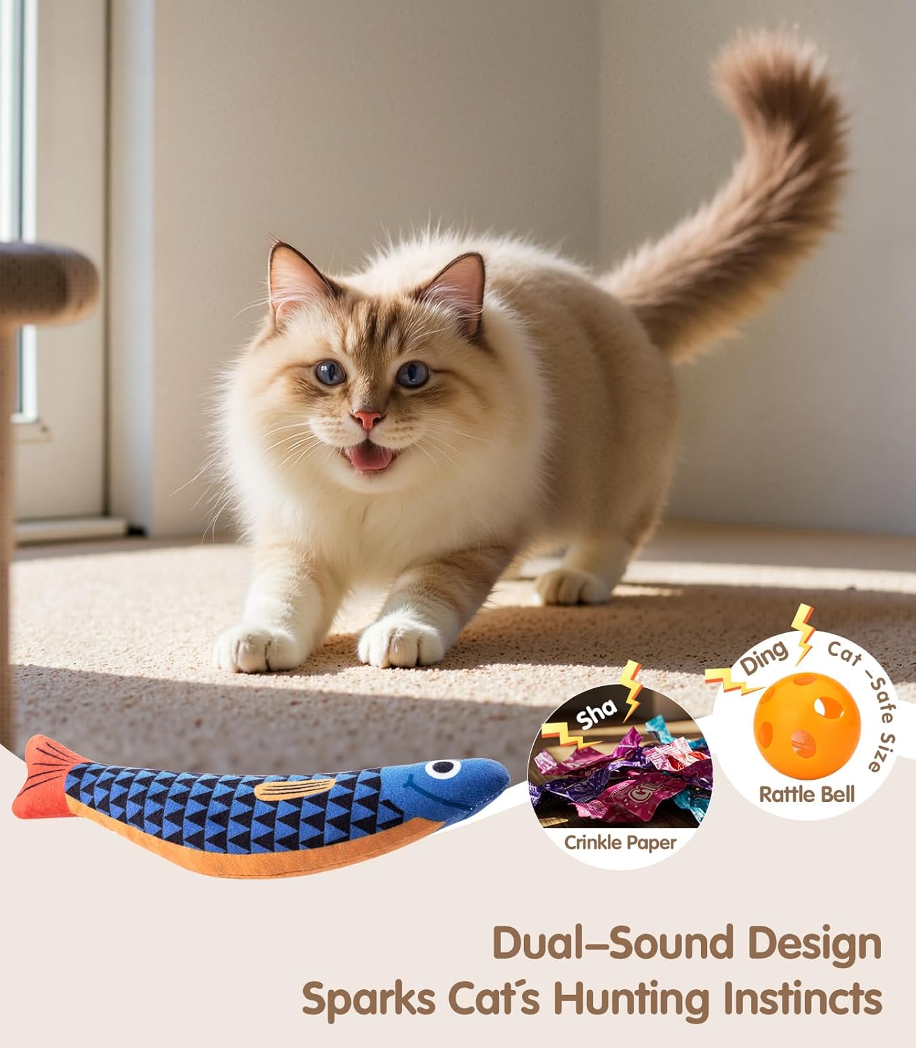 Cat Toys with 5000mg A+ Natural Catnip & Silvervine – Baby Grade Interactive Soft Chew Kicker Toy for Indoor Cats & Kittens – Crinkle & Bell Fish Sound Toy - Image 4