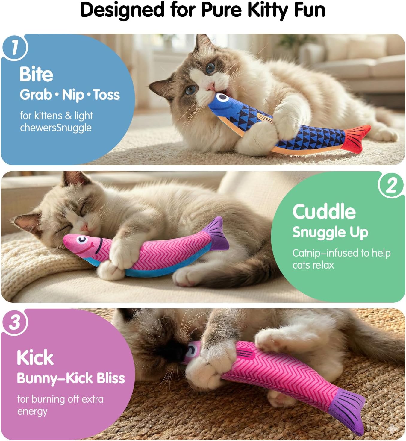Cat Toys with 5000mg A+ Natural Catnip & Silvervine – Baby Grade Interactive Soft Chew Kicker Toy for Indoor Cats & Kittens – Crinkle & Bell Fish Sound Toy - Image 5