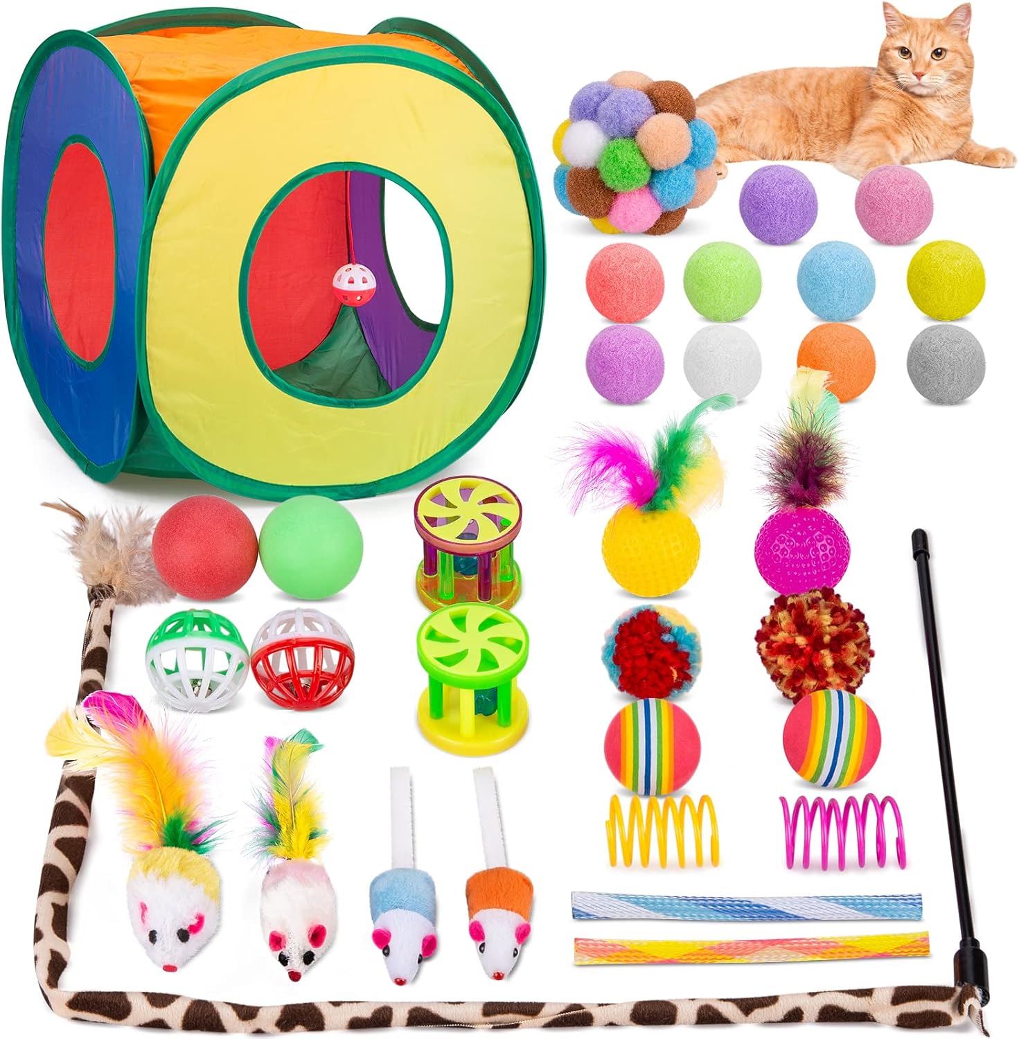 Cat Toys Pack 33 Pcs – Interactive Kitten Toys for Indoor Kittens & Cats – Collapsible Tunnel Tent, Feather Wand, Balls, Bell Springs, Mouse Toys – 15.7 Inches – For All Breeds