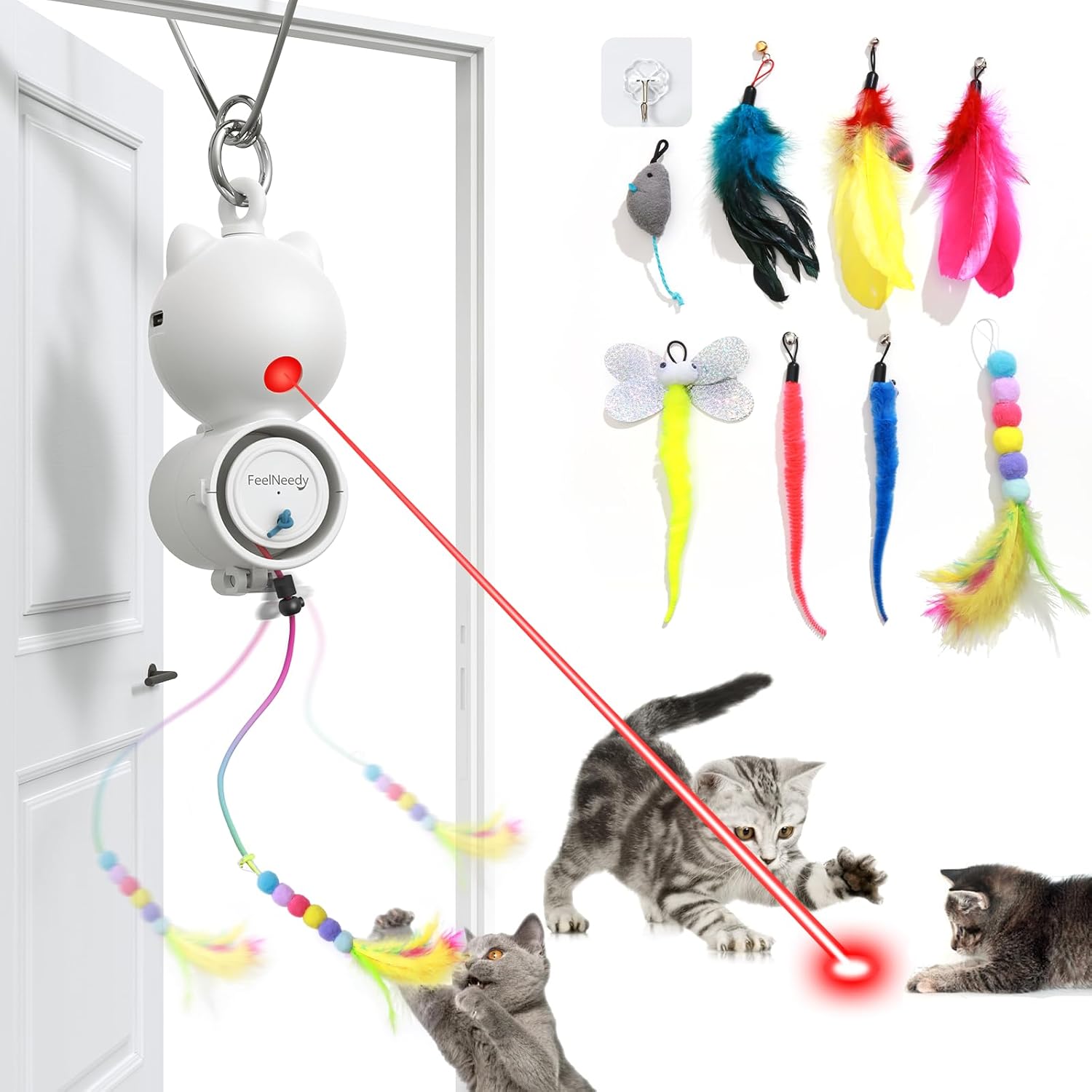 Laser Interactive Cat Toys – LED Light with 8 PCS Replacement Teaser Refills (Feather & Mouse) – Bell Sounds – Hanging Cat Toy for Indoor Cats – Silver