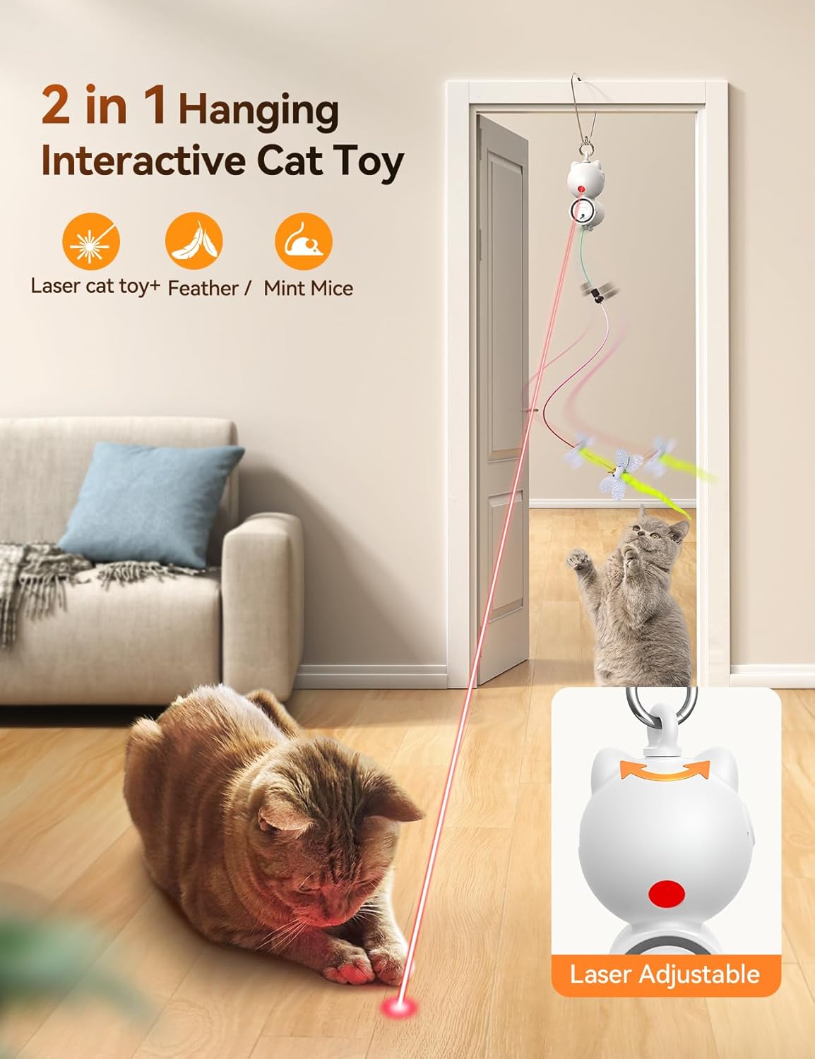 Laser Interactive Cat Toys – LED Light with 8 PCS Replacement Teaser Refills (Feather & Mouse) – Bell Sounds – Hanging Cat Toy for Indoor Cats – Silver - Image 2