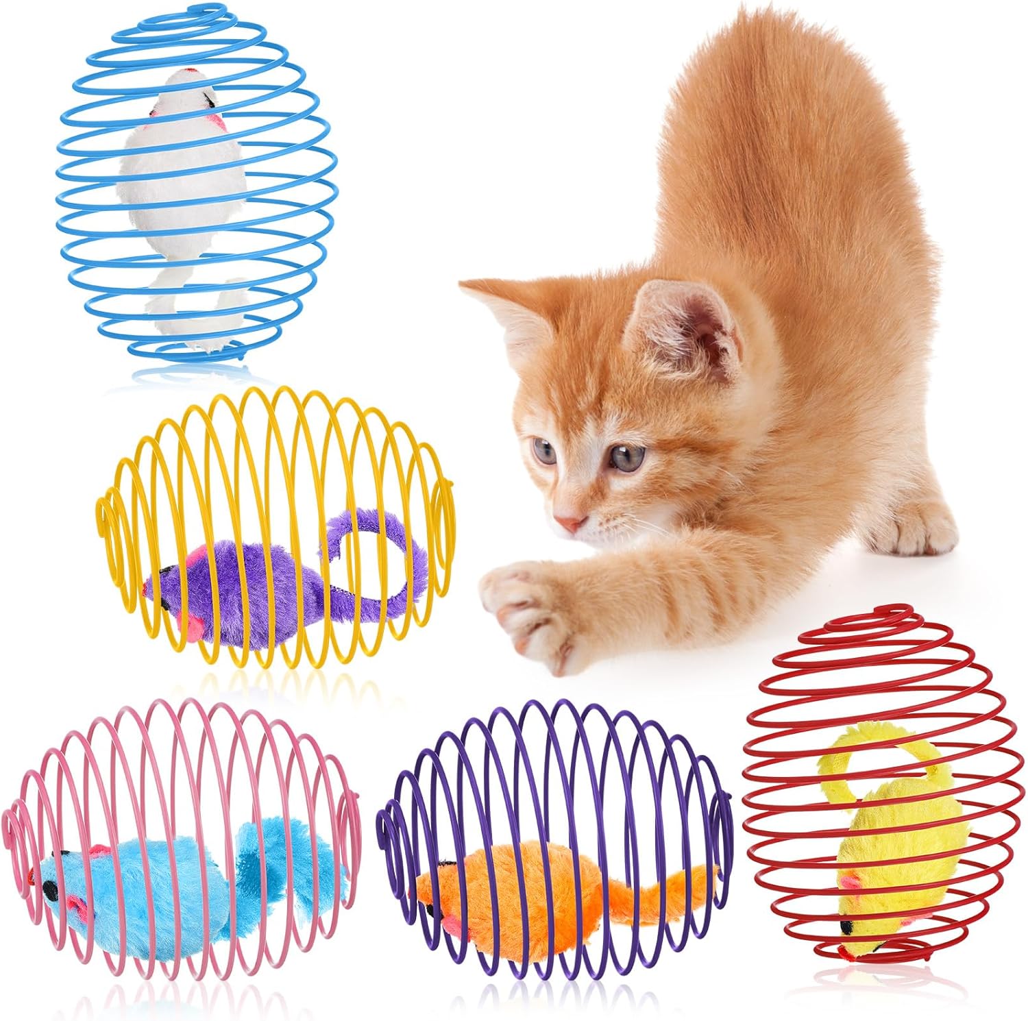 5 Pcs Cat Spring Balls – Stretchable Rolling Balls – Colorful Playful Coils – Interactive Action Toy – Caged Rats for Kittens – Mouse Shape – Multicolor