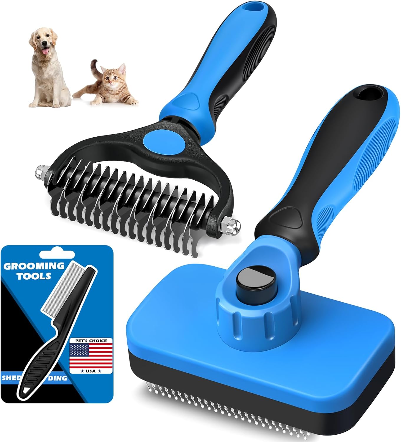 3PCS Self Cleaning Slicker Brush & Pet Grooming Rake & Flea Comb – for Dogs, Cats & Horses – Blue