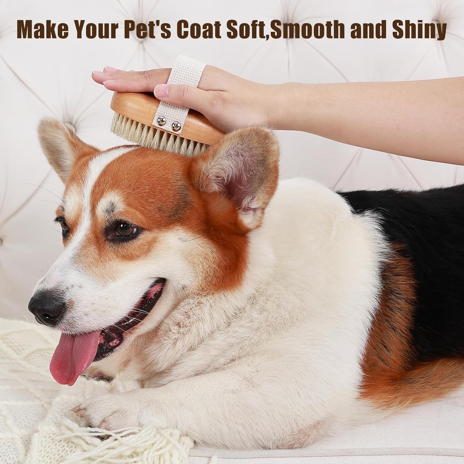 Soft Boar Bristle Pet Palm Brush for Short Haired Dogs & Cats – Reduces Shedding – Ergonomic Design with Band - Image 3