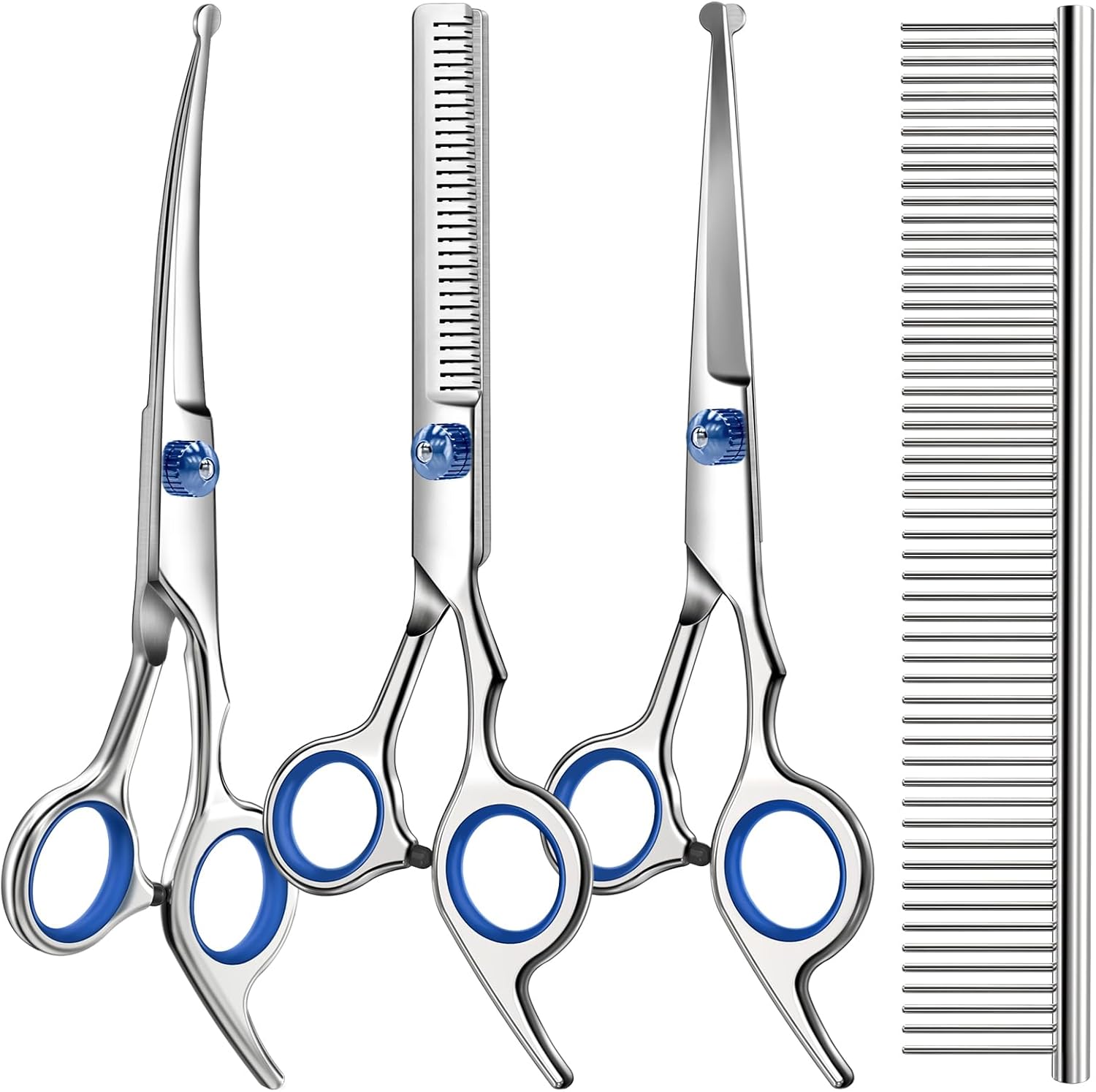 Professional 4 in 1 Dog & Cat Grooming Scissors Kit – Safety Round Tips – Includes Straight, Curved, Thinning Scissors & Comb
