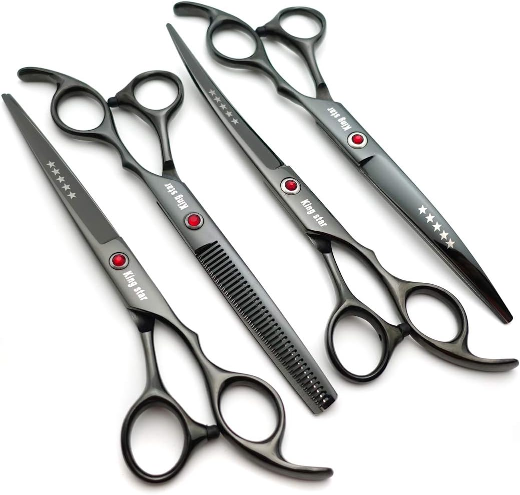 7.0 inch Titanium Professional Dog Grooming Scissors Set – Straight, Thinning & Curved Shears – 4 Pcs – Bright Black
