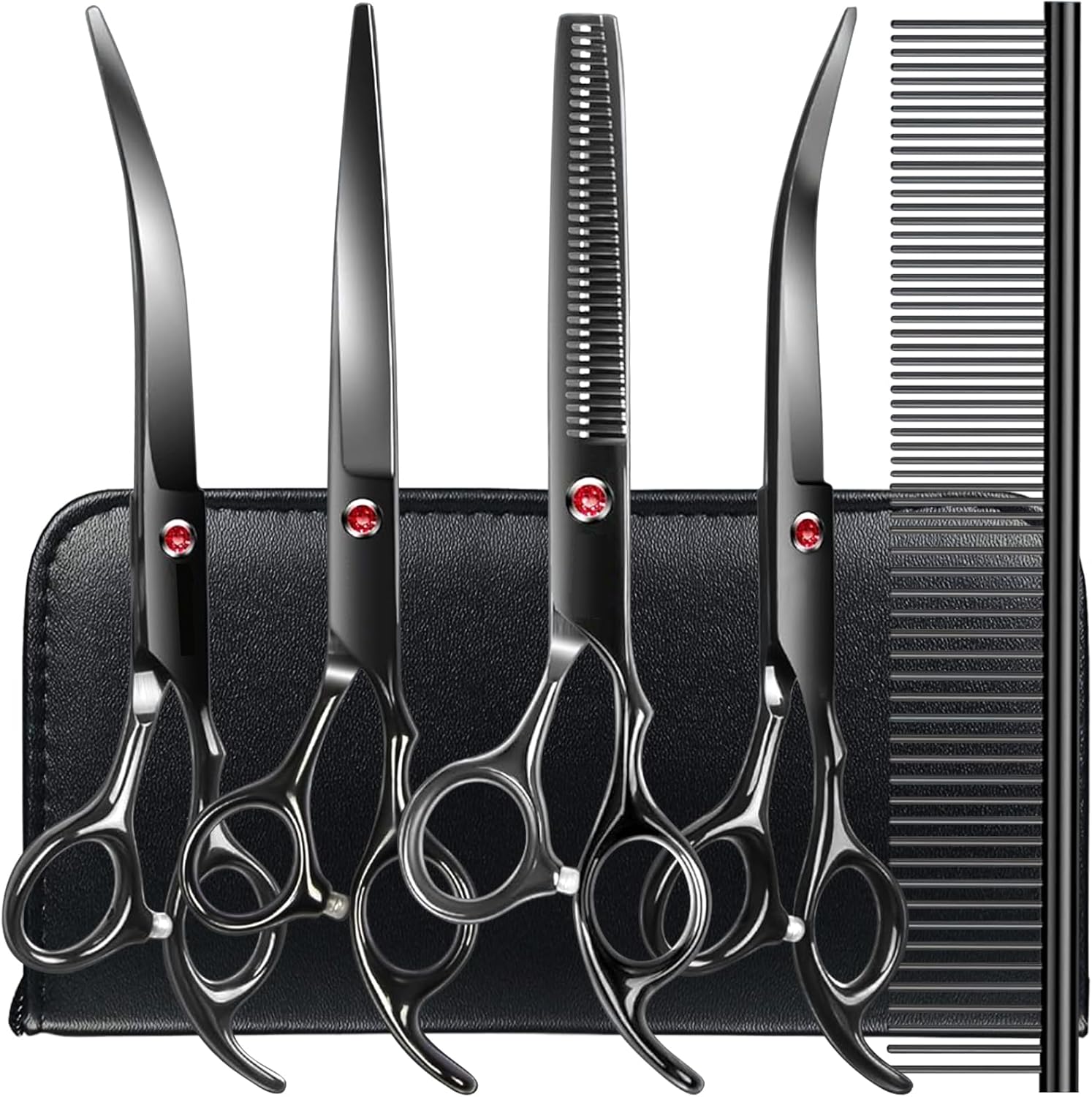 Professional Dog Grooming Scissors Kit – Black 6 in 1 – 6CR Premium Stainless Steel Shears for Dogs & Cats