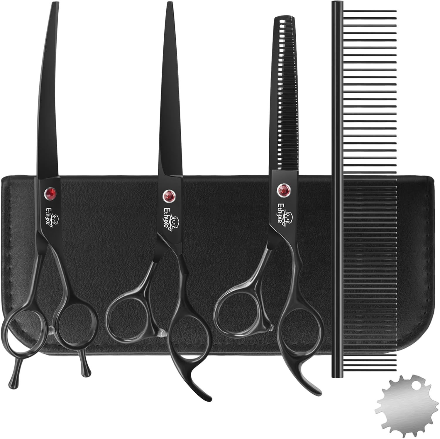 7.0" Professional Dog Grooming Scissors Kit – 3-Piece Set with Straight, Curved & Thinning Shears – Black Japanese Stainless Steel – Includes Grooming Comb for Dogs & Cats