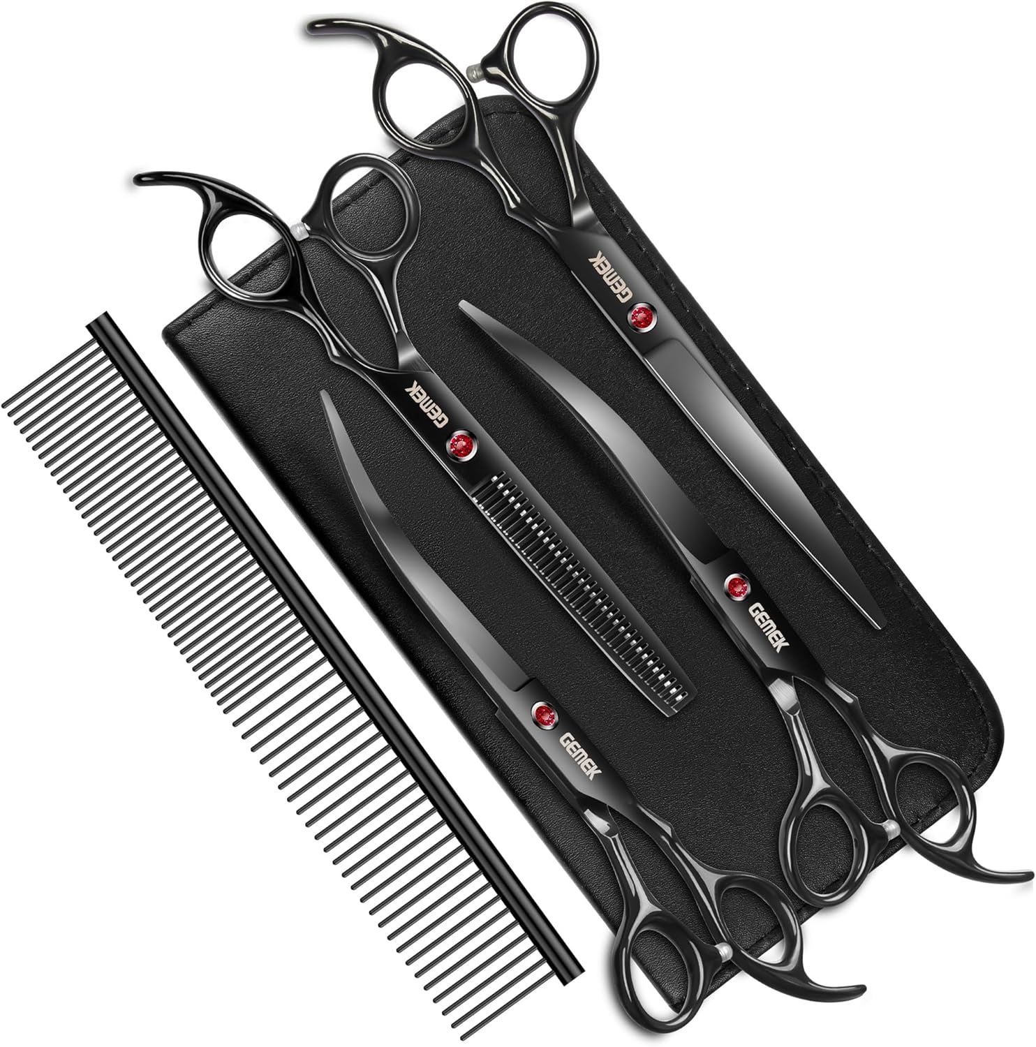 7.0in Titanium Professional Dog Grooming Scissors Set – GEMEK 6 in 1 – Straight, Thinning, Upwards Curved & Downwards Curved Scissors with Comb – Black