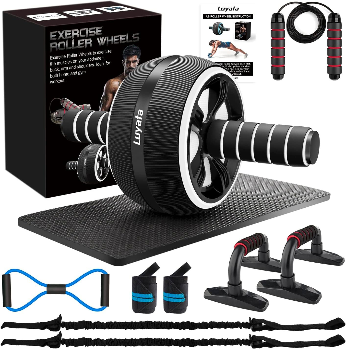 10-in-1 Ab Roller Wheel Kit – Resistance Bands, Knee Mat, Jump Rope & Push-Up Bar – Home Gym Equipment