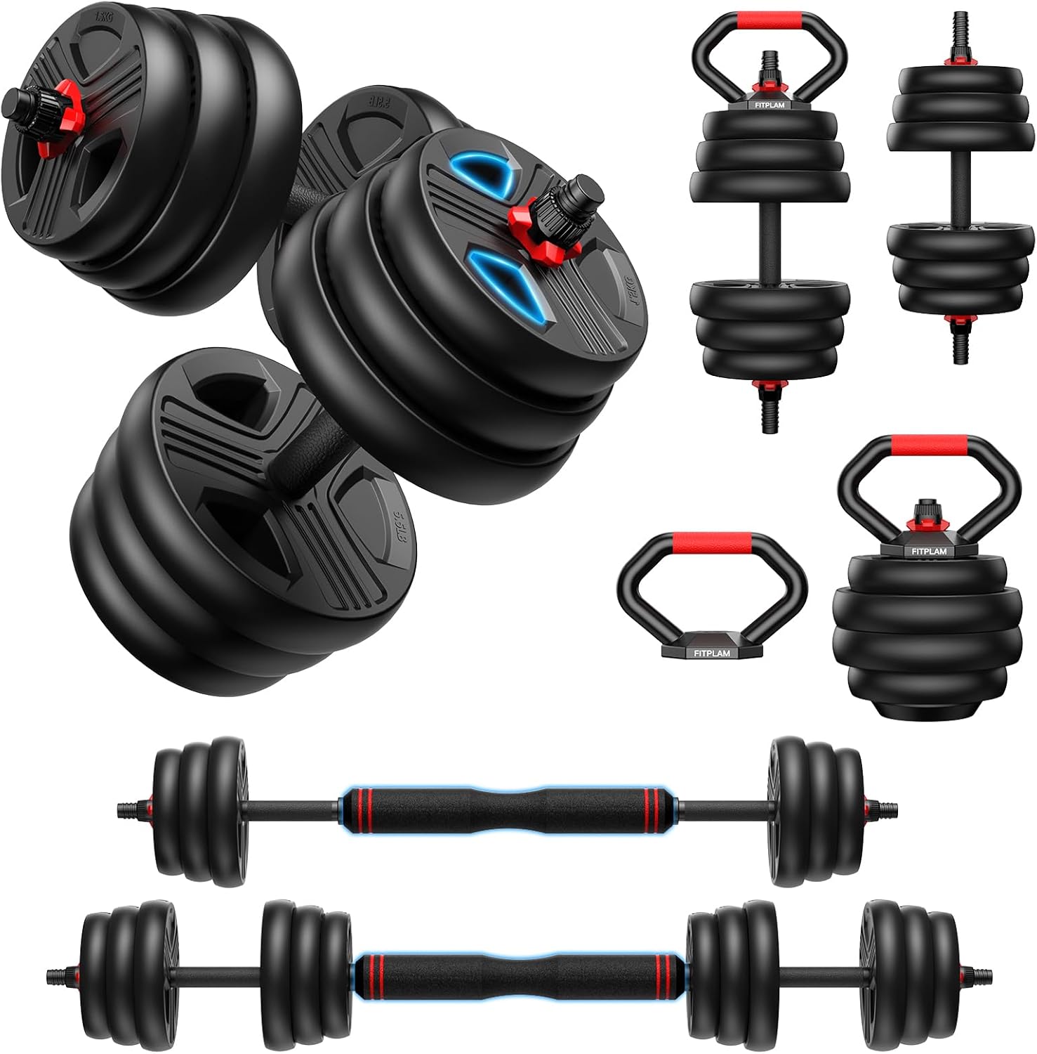 Adjustable Dumbbell Set – 5-in-1 Weights for Kettlebell, Barbell & Push-Up Stand – Home Gym Fitness (20-90lbs)