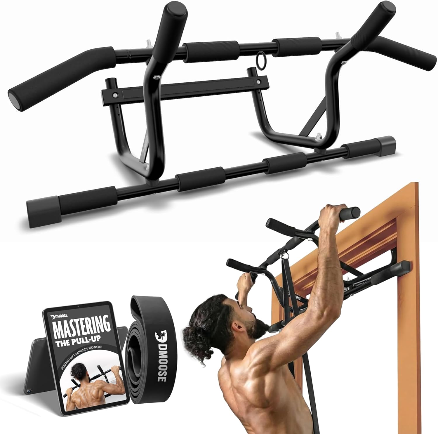 Fitness Pull Up Bar for Doorway – 250 lbs Capacity – No Screw No Slip Hanging Chin Up Bar for Door Frame – Multi Padded Grips with Installation Guide