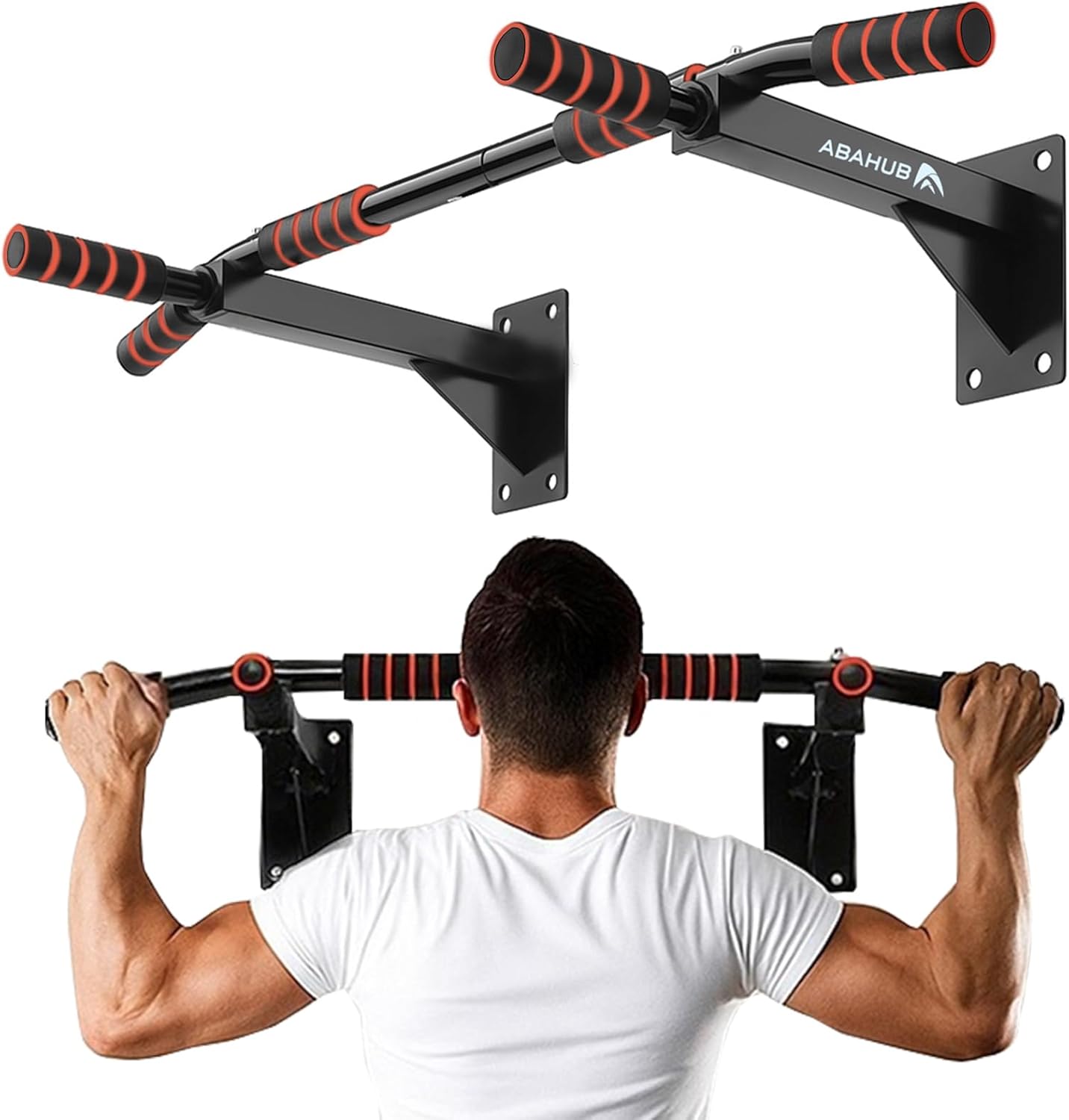 Wall Mounted Pull Up Bar – Multi-Grip Chin Up Bar for Home Gym – Drill-Installed Heavy Duty Training Bar – 440 lbs Capacity – Black & Orange