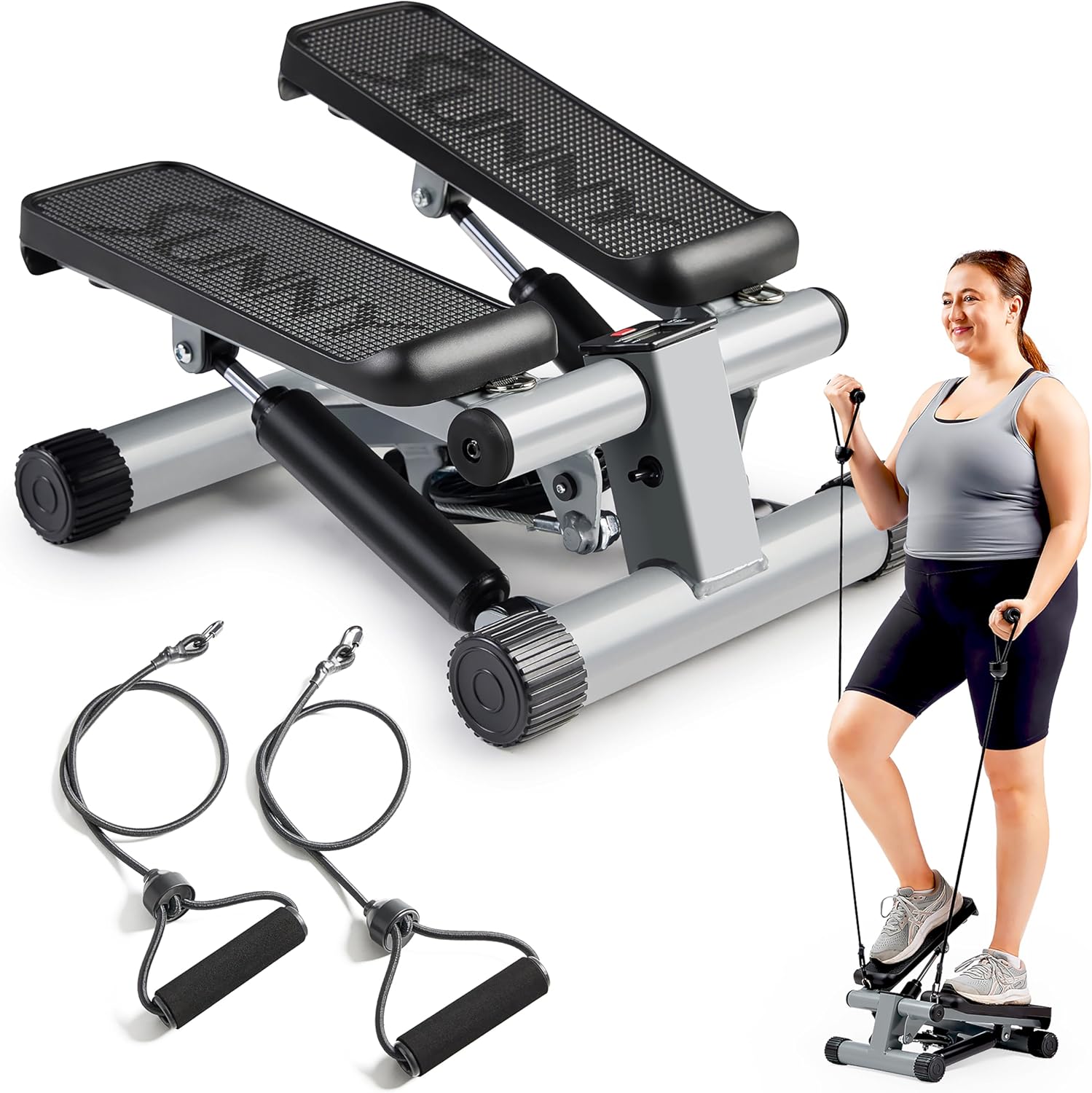 Mini Steppers for Exercise at Home – Stair Step Workout Machine with Resistance Bands – Full Body Cardio Equipment – Smart Stepper with SunnyFit App Connection