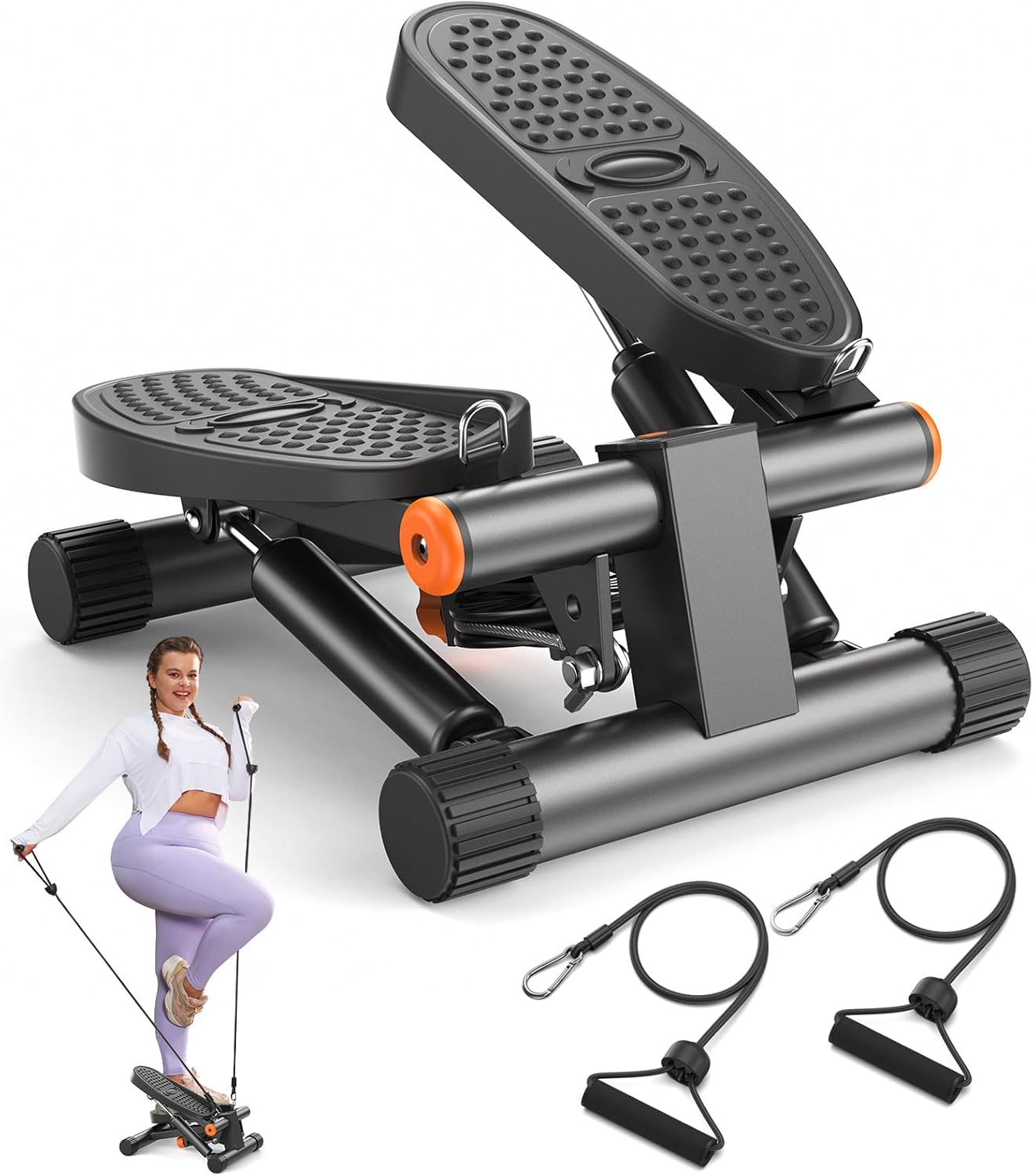 Steppers for Exercise – Stair Stepper with Resistance Bands – Mini Stepper 300 lbs Capacity – Hydraulic Fitness Stepper with LCD Monitor