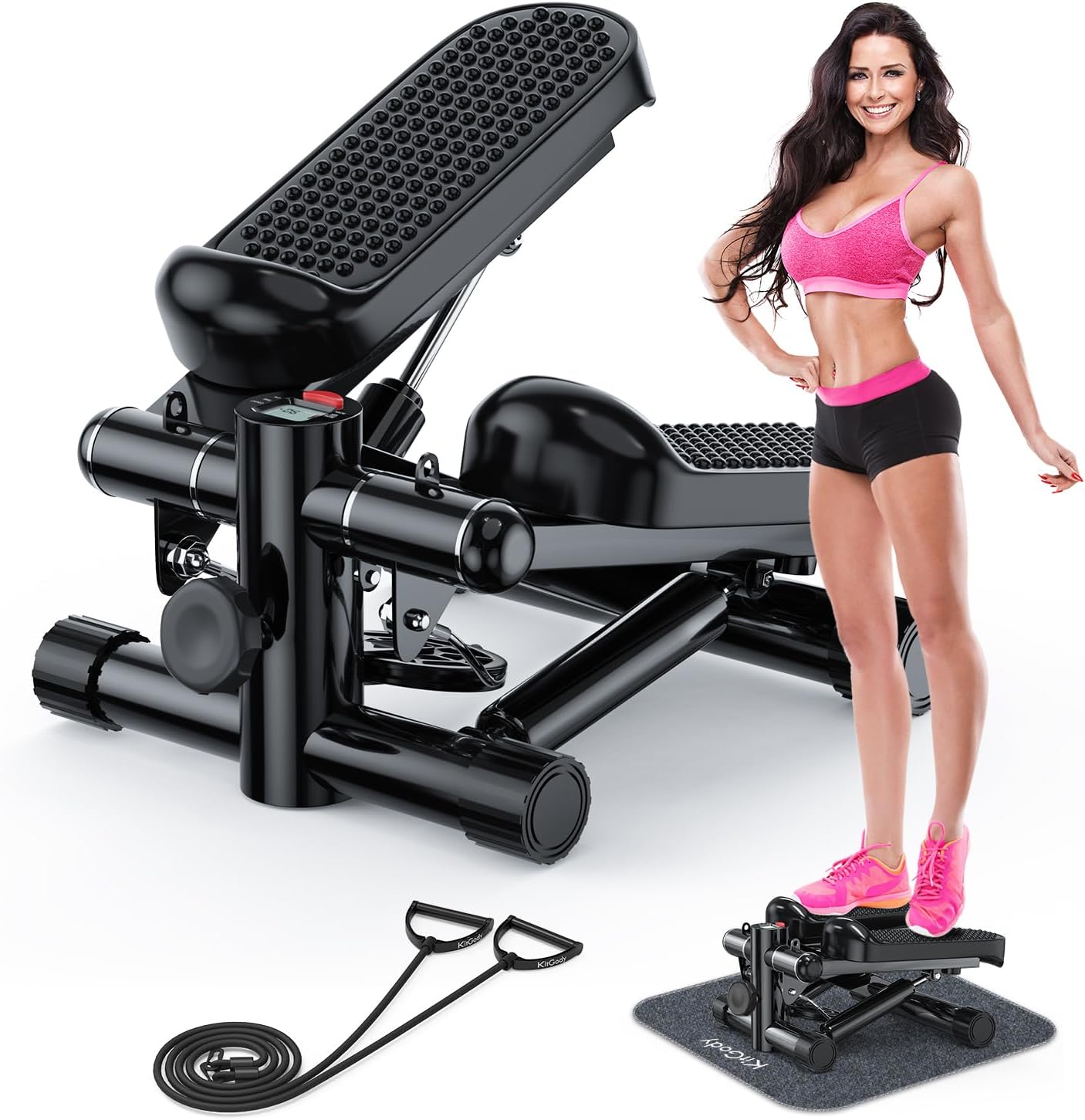 Steppers for Exercise at Home – KitGody Mini Stepper with Resistance Bands – Portable Stair Stepper – 330 lbs Capacity – Adjustable Height Fitness Stepper Machine