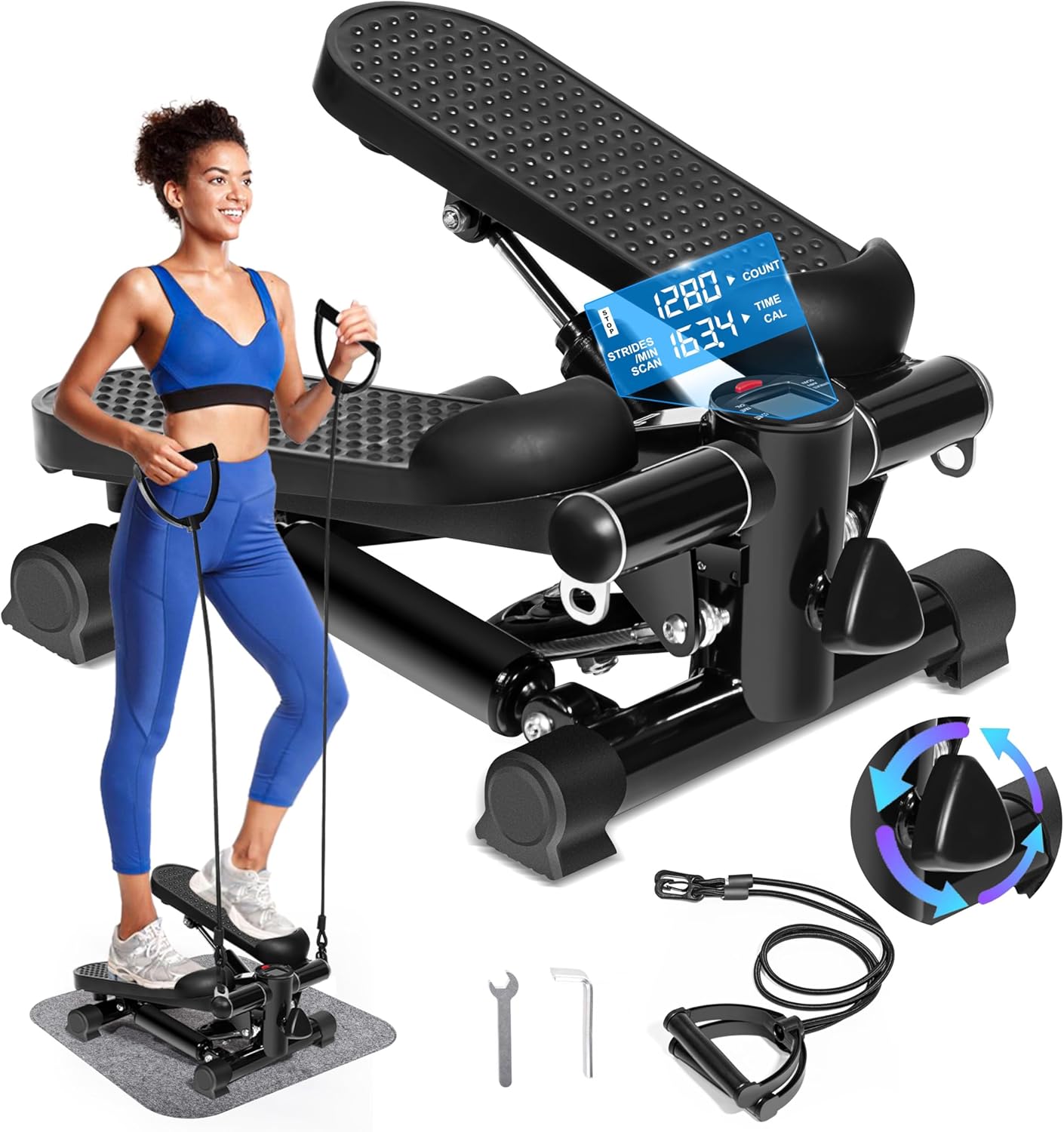 Steppers for Exercise at Home – 330 lbs Capacity with Resistance Bands & Non-Slip Mat – Adjustable Height Hydraulic Stepper with LCD – Full Body Workout