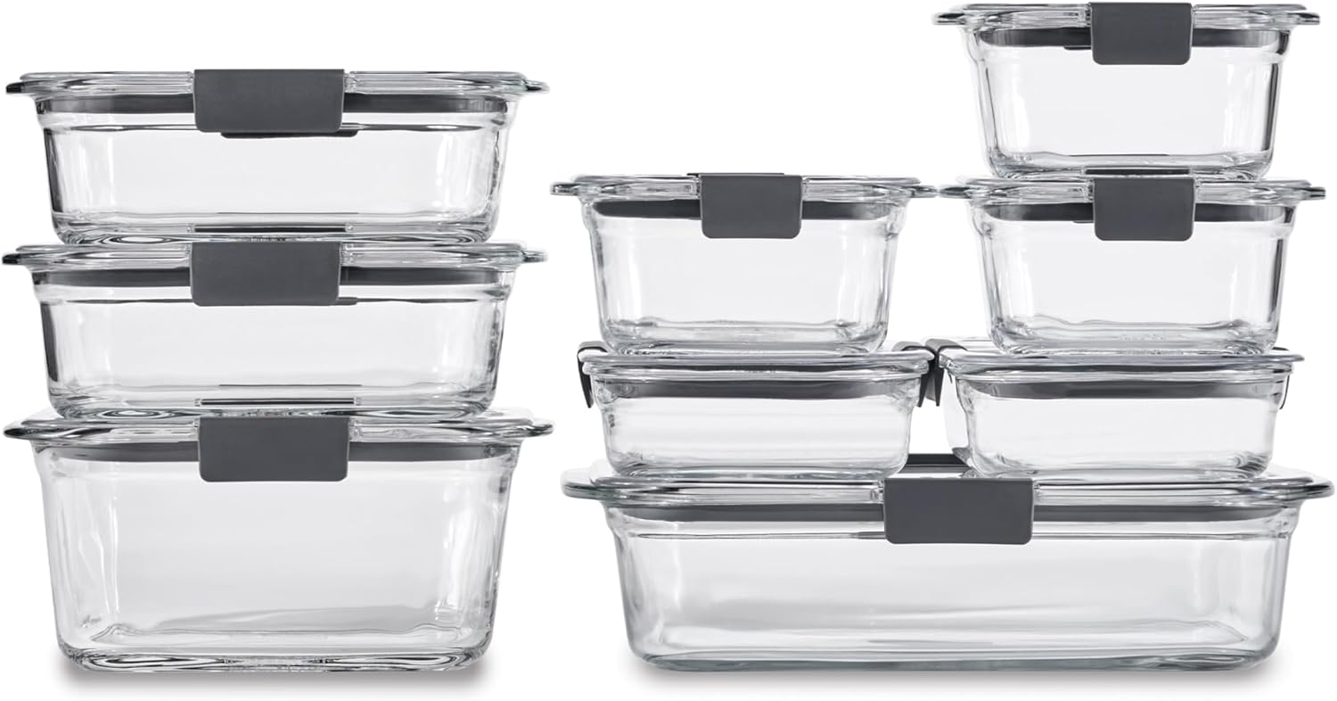 Rubbermaid Brilliance Glass Food Storage Containers – Assorted Sizes Set of 9 – BPA Free Leak Proof Clear