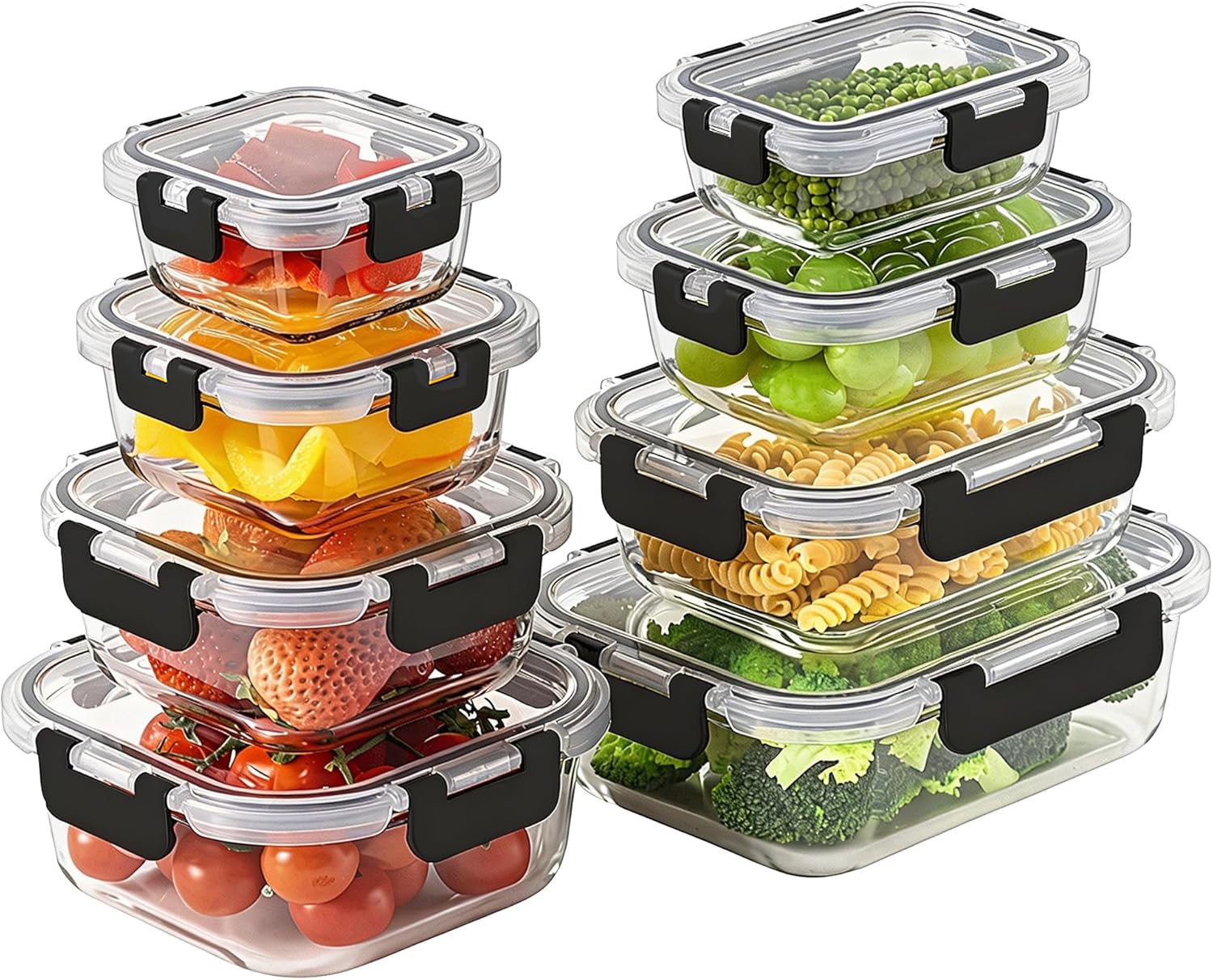 8 Pack Borosilicate Glass Food Storage Containers with Lids – Glass Meal Prep Containers – Airtight Bento Lunch Boxes with Snap Locks – Oven Freezer Dishwasher Safe – BPA Free – Kitchen Storage Set