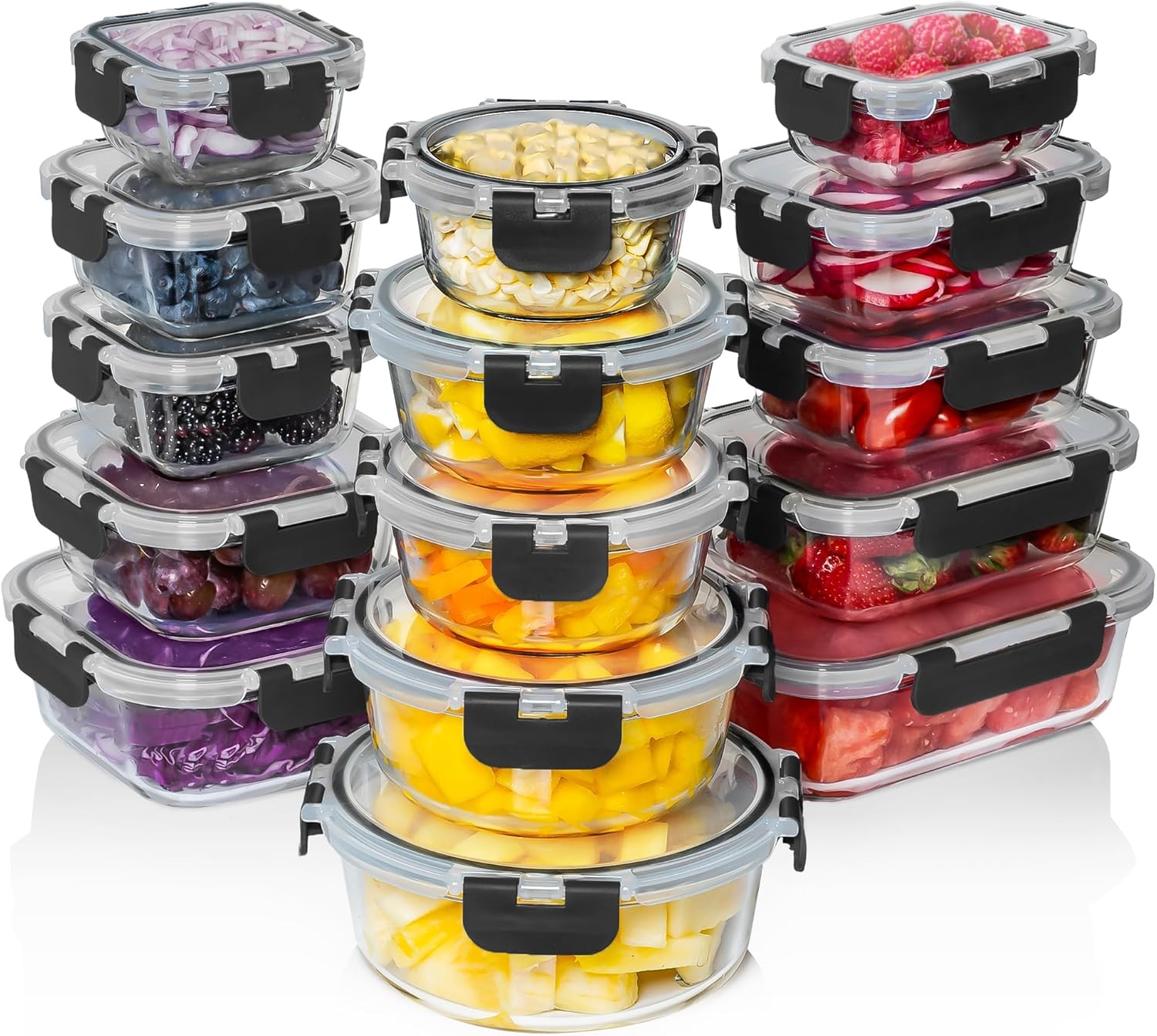 30 PC Glass Food Storage Containers with Lids – Reusable Glass Meal Prep Containers for Lunch and Leftovers – Airtight Leakproof Snap Locking Lids – Oven Freezer Microwave Dishwasher Safe