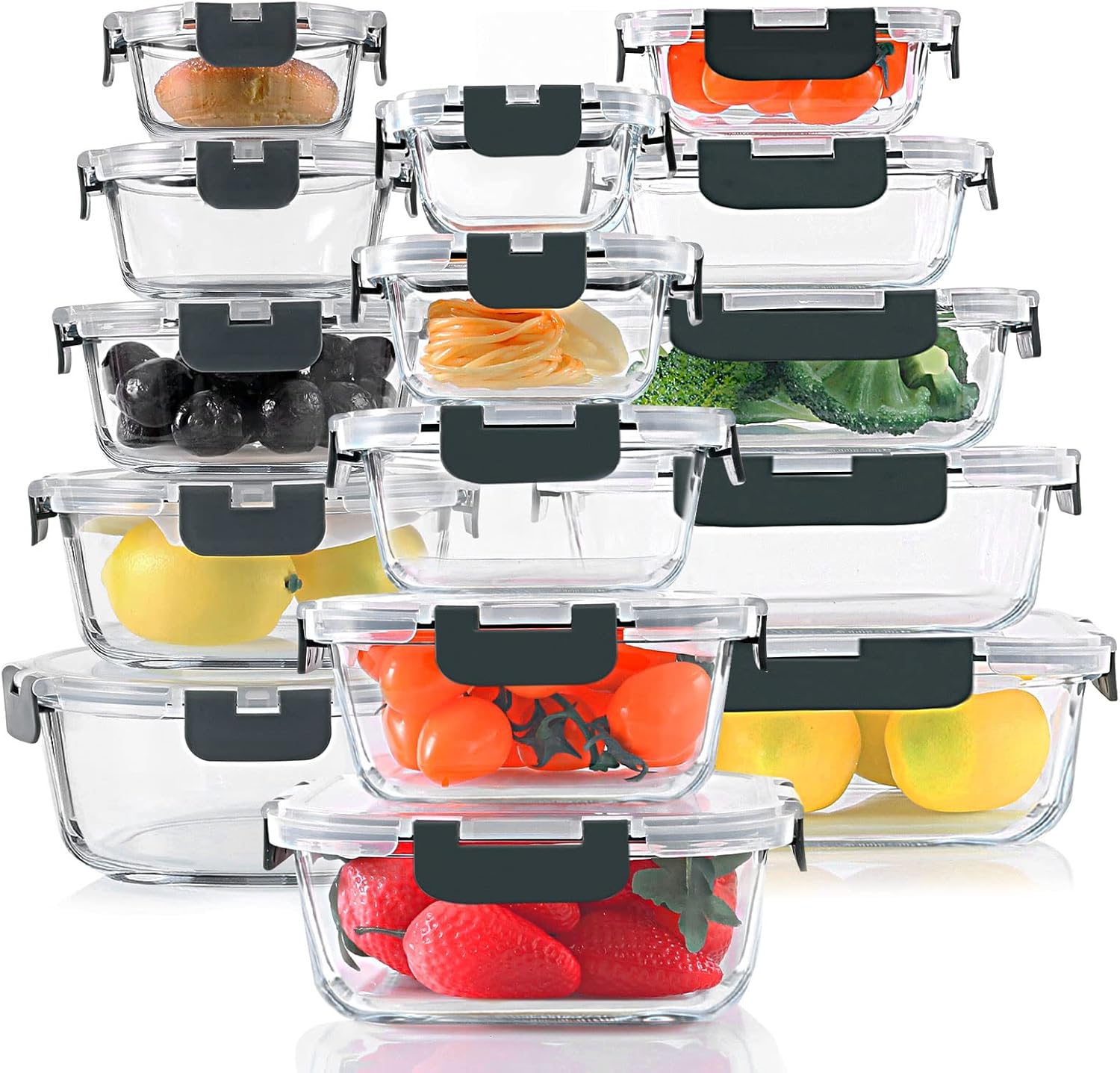 30 Pieces Glass Food Storage Containers Set – Glass Meal Prep Containers with Snap Locking Lids – Airtight Lunch Containers for Microwave Oven Freezer & Dishwasher – Gray