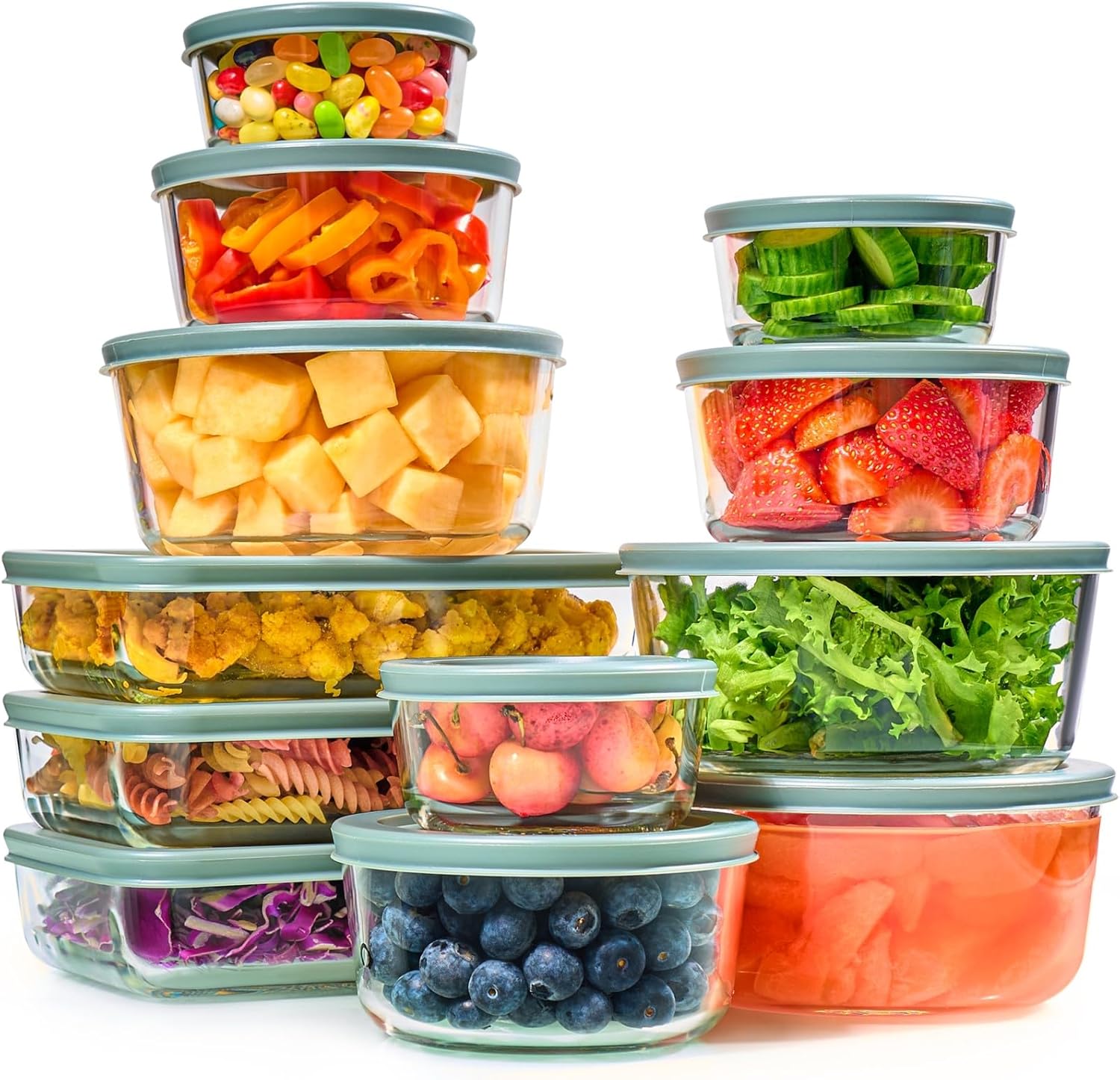 24pc Set Glass Food Storage Containers & Bowls with Airtight Lids – Leakproof BPA Free Meal Prep Stackable Lunch Boxes – Kitchen Pantry & Storage Organizers – Microwave Freezer Dishwasher Safe