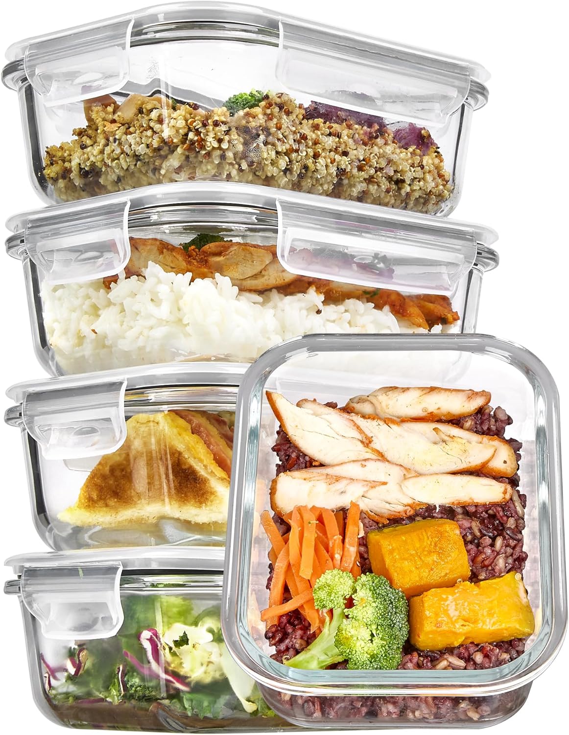 5Pack 22oz Glass Storage Containers with Lids – Glass Meal Prep Food Container Set with Snap Airtight Lids – Microwave Oven Freezer Dishwasher Safe – Grey