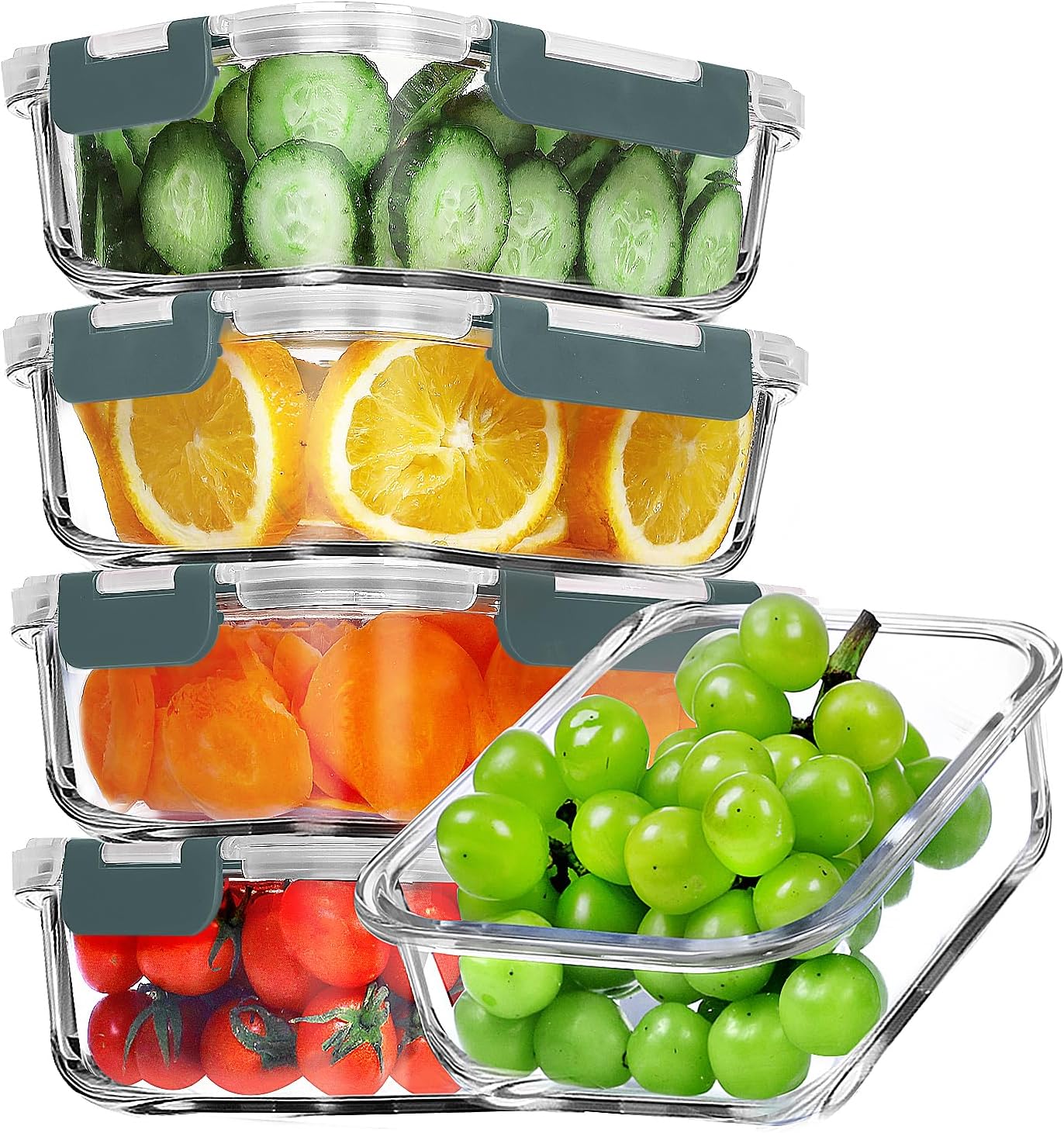 5 Pack 36 OZ Glass Meal Prep Containers – Airtight Glass Lunch Containers Set – Glass Food Storage Containers with Lids – BPA Free – Microwave Oven Freezer Dishwasher Safe – Grey
