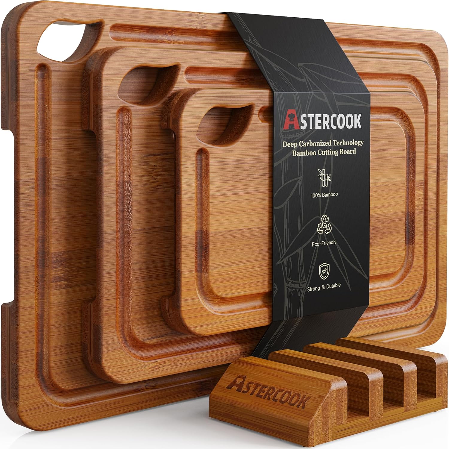 Deep Carbonized Bamboo Cutting Board Set with Wood Storage Stand – Reversible Chopping Boards with Juice Grooves – Kitchen Gift for Mom